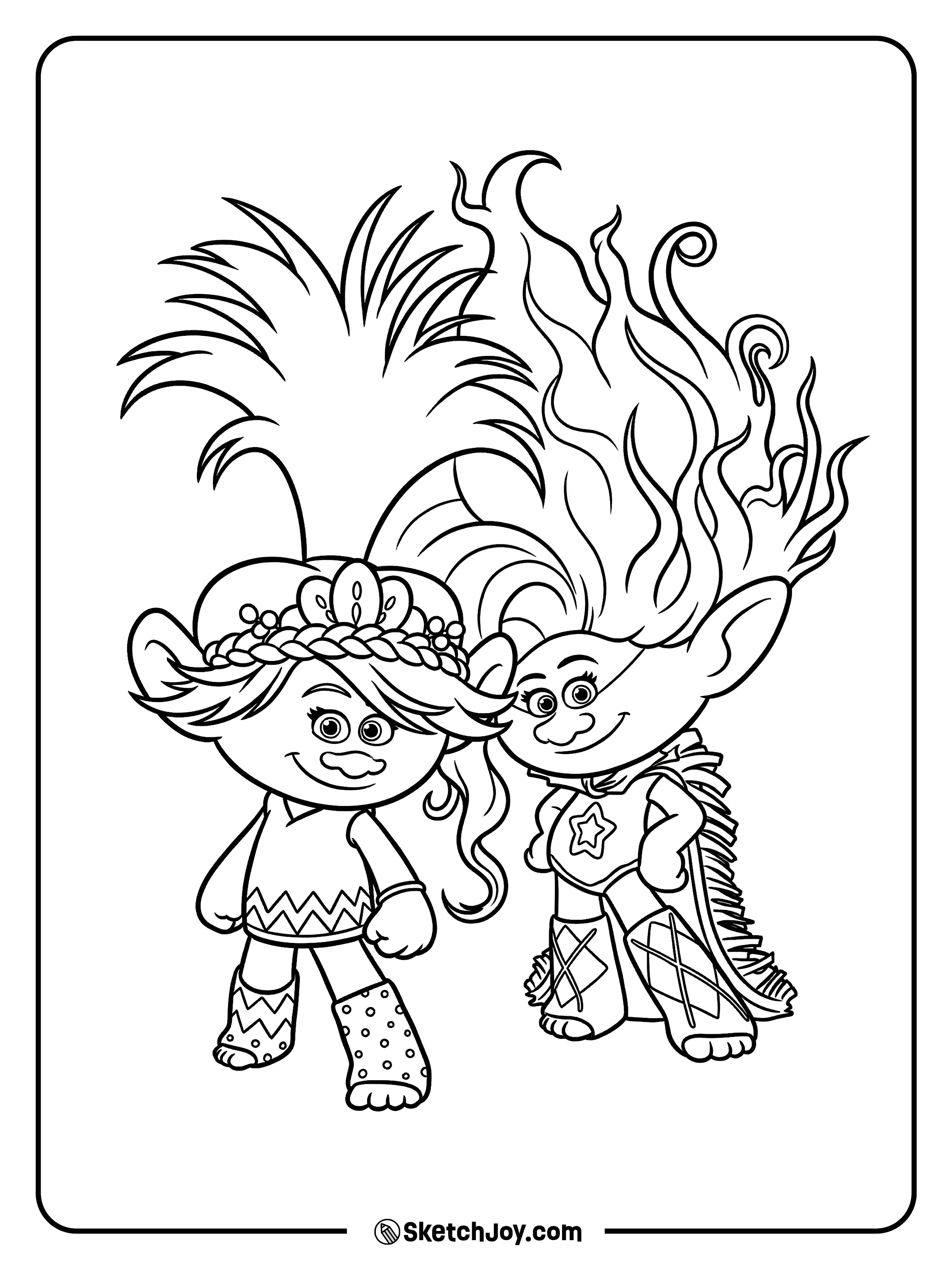 Poppy stands with Viva in fun outfits and tall hair.