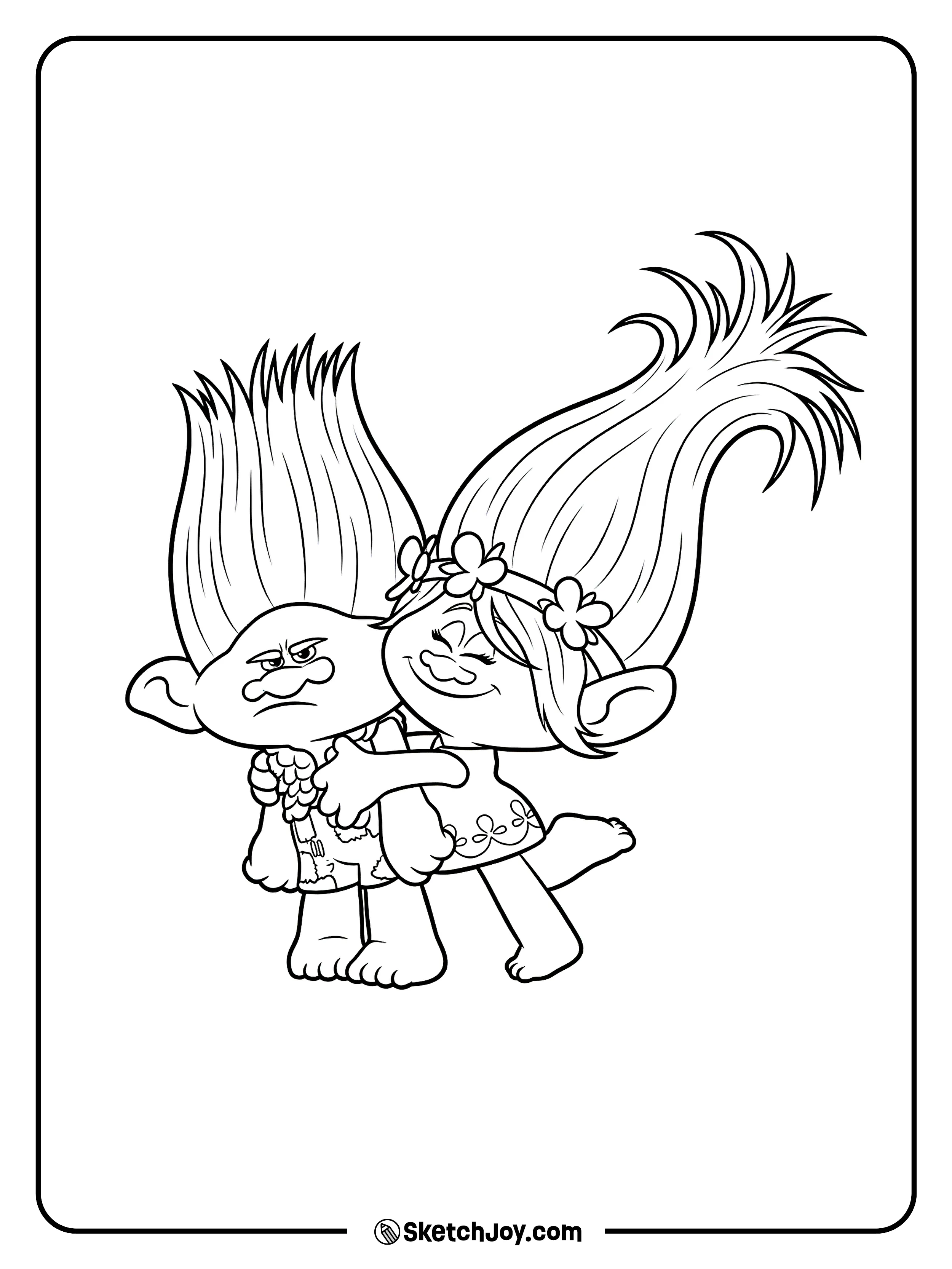 Poppy hugs Branch tight while he looks a little grumpy.