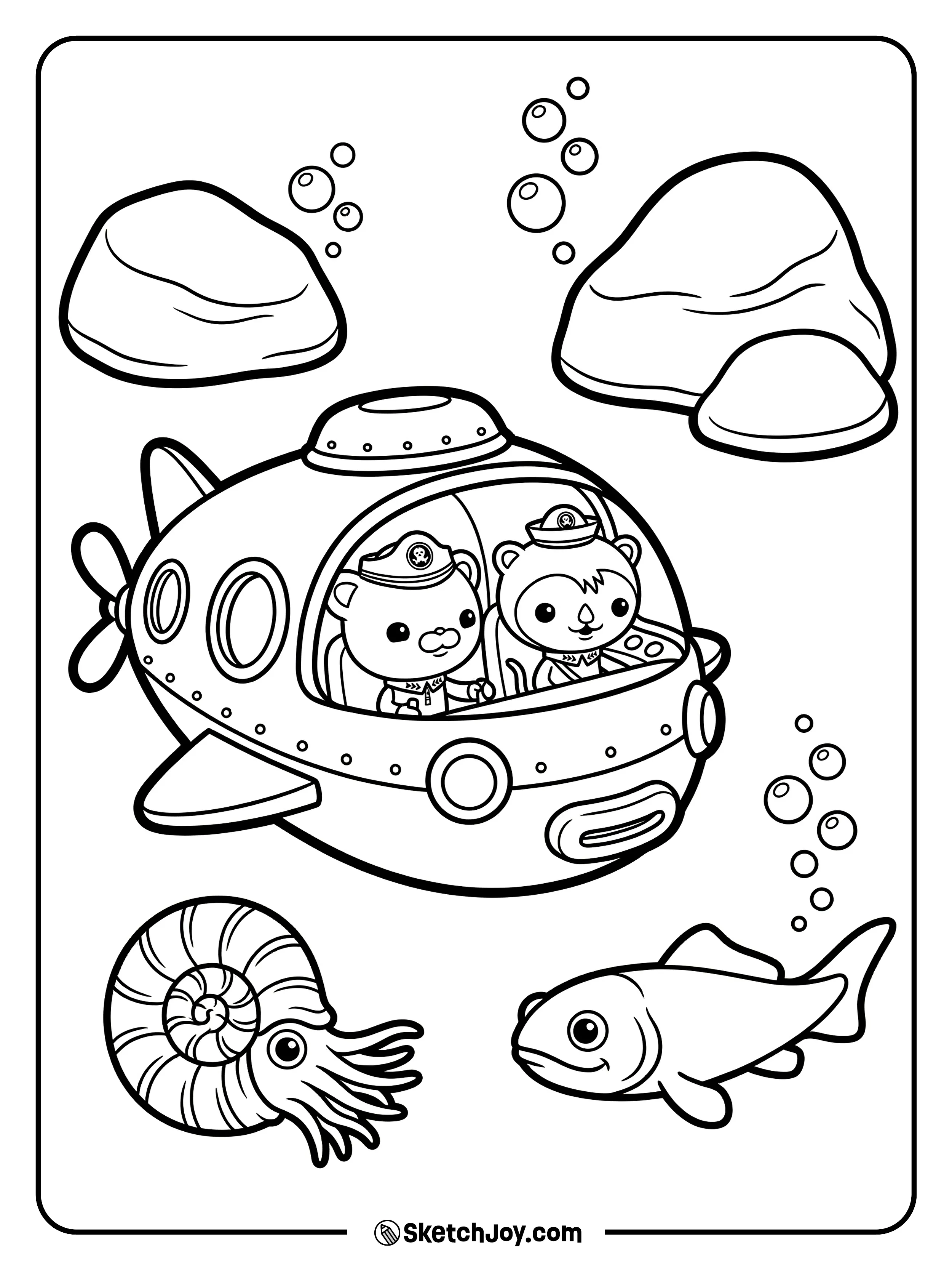 The crew watches a prehistoric sea creature near simple rocks.