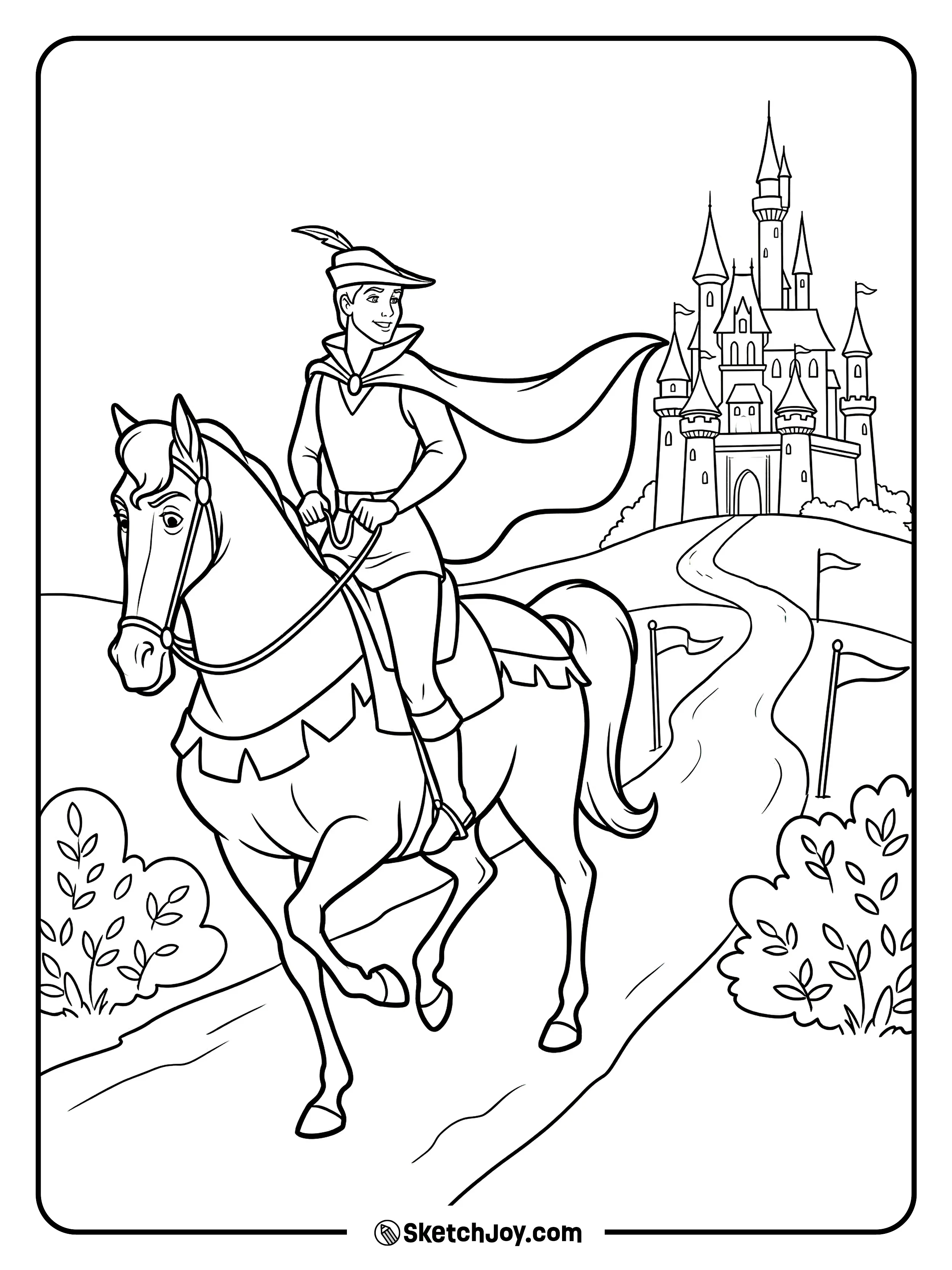 Prince Phillip rides his horse along a castle road.