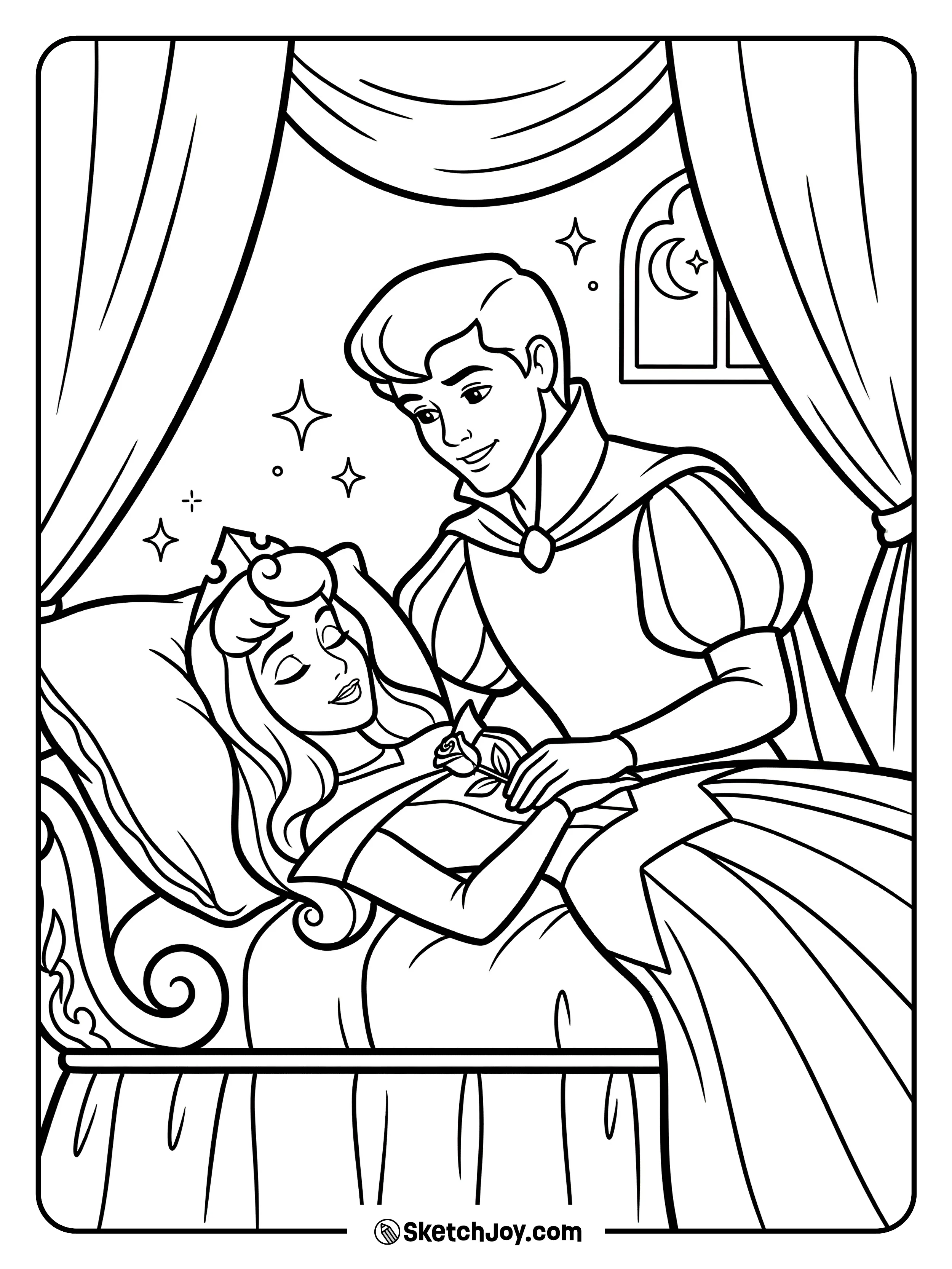 Phillip leans in to kiss Aurora as she sleeps.