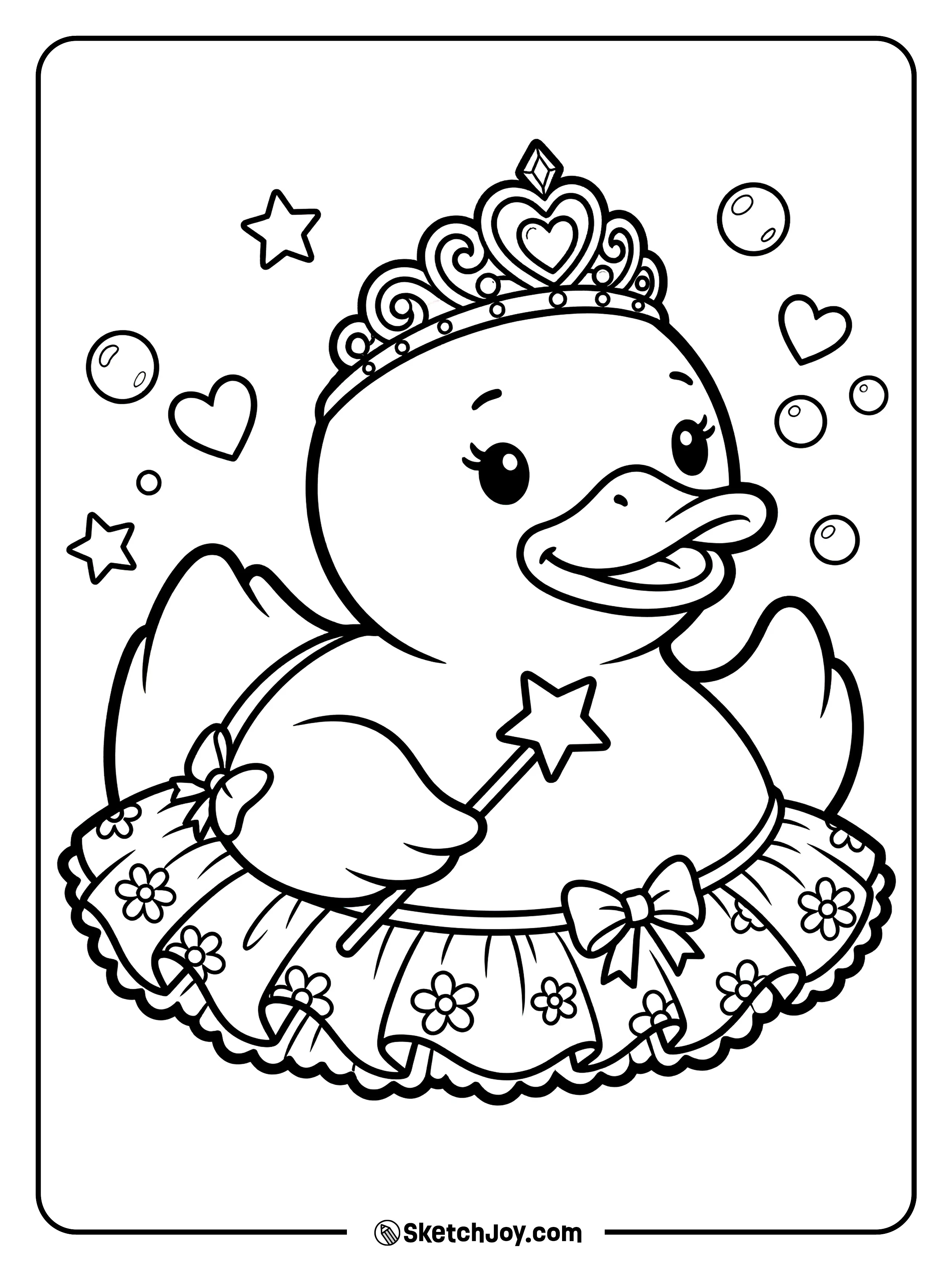 A fancy rubber duck with a tiara and dress details.