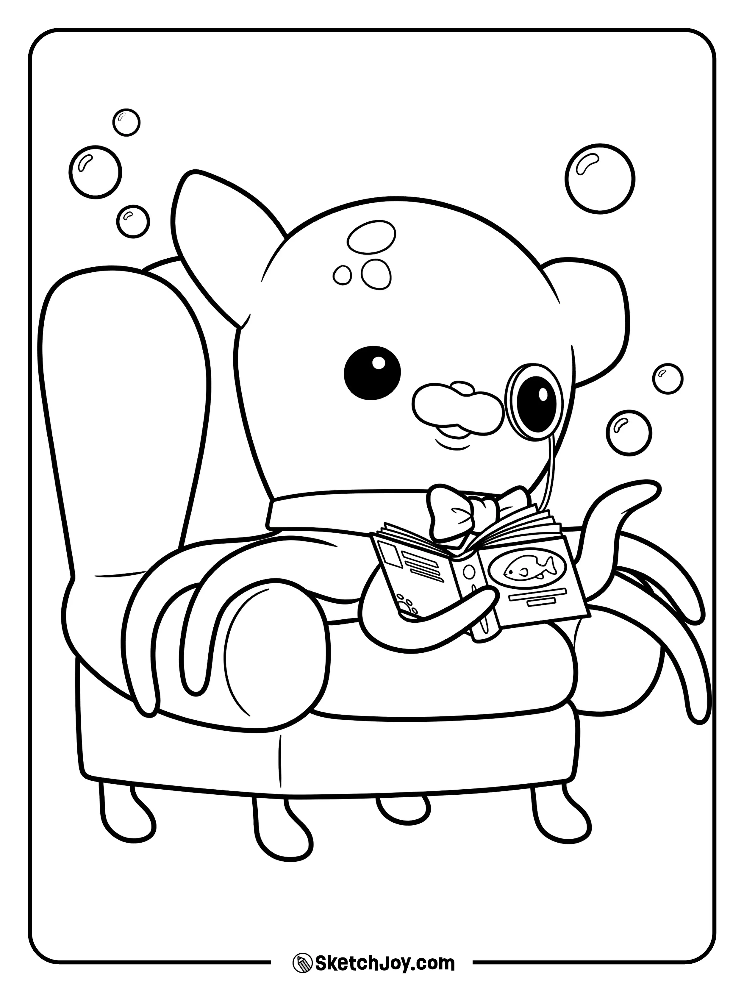 Professor Inkling reads a book with a calm smile.