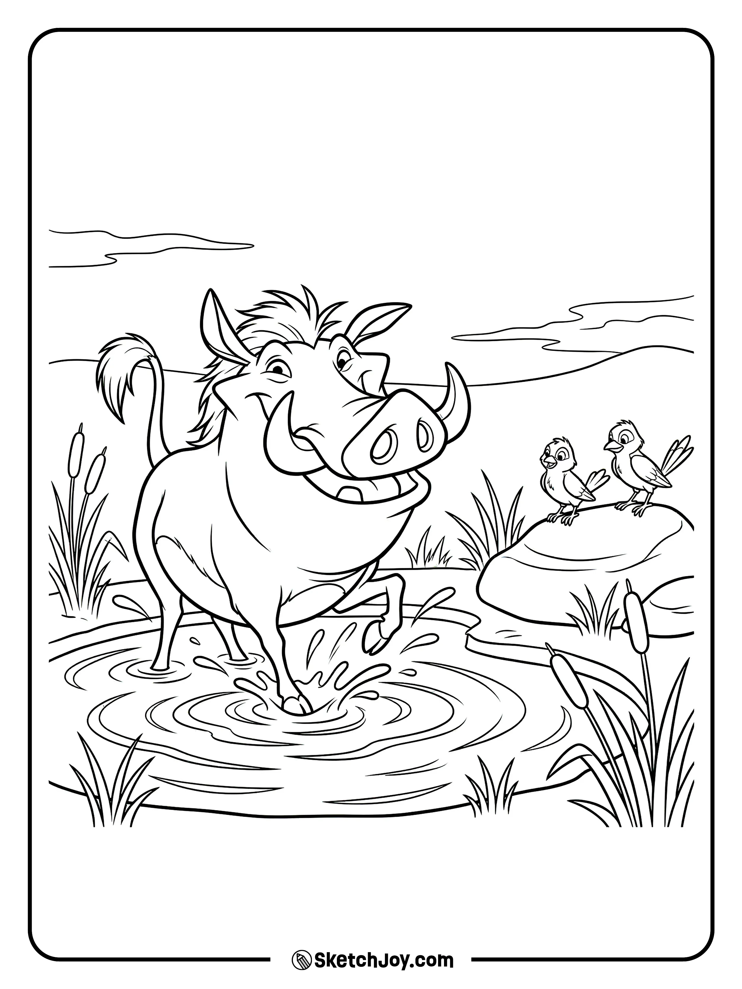 Pumbaa splashes in a small puddle and looks surprised.