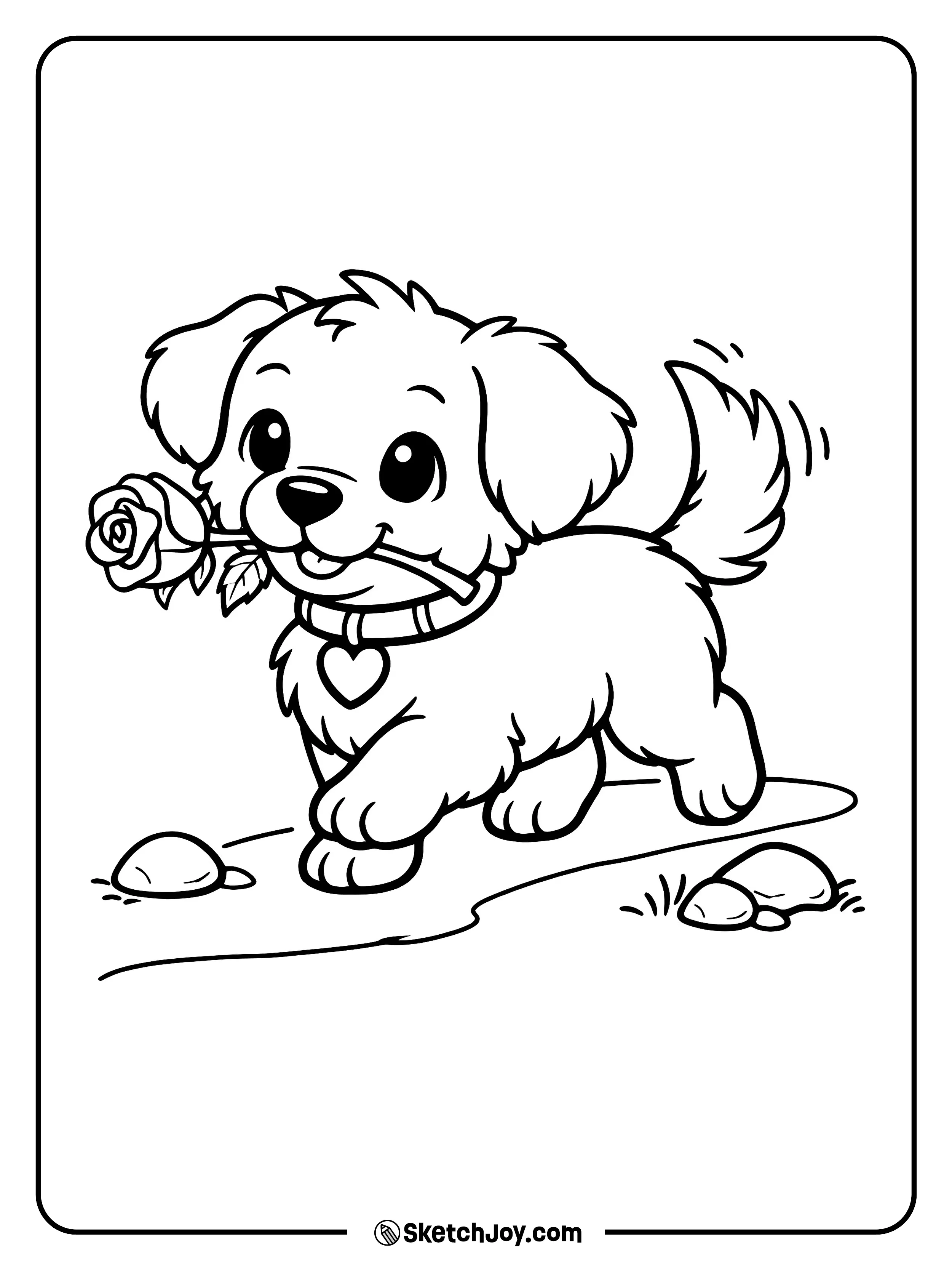 A happy puppy carries a rose like a gift.