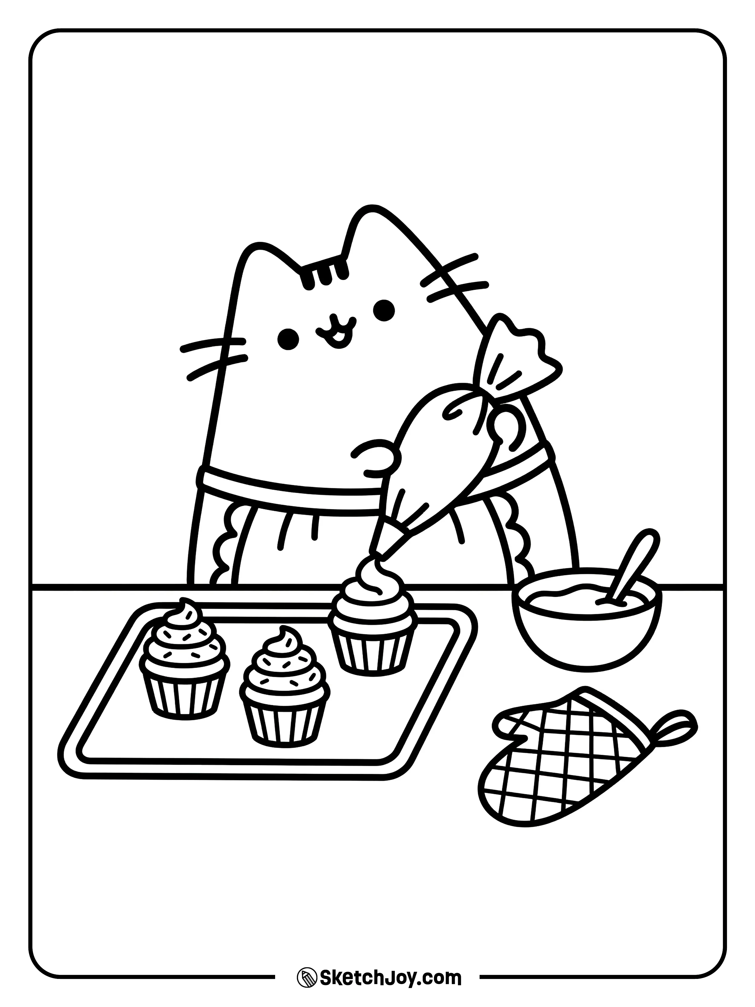 Pusheen decorates cupcakes with tiny swirls.
