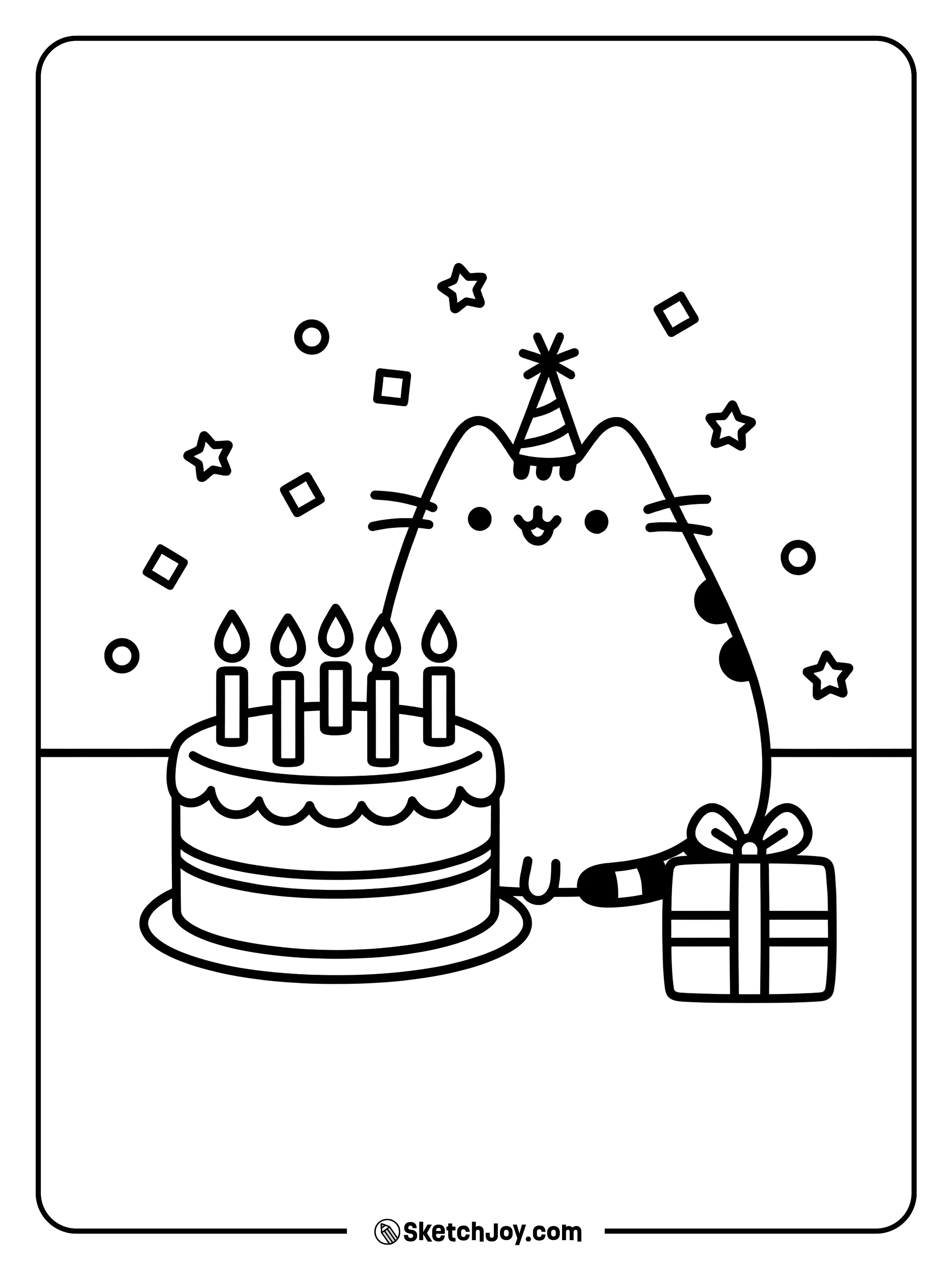 Pusheen sits next to a cake with candles and confetti.