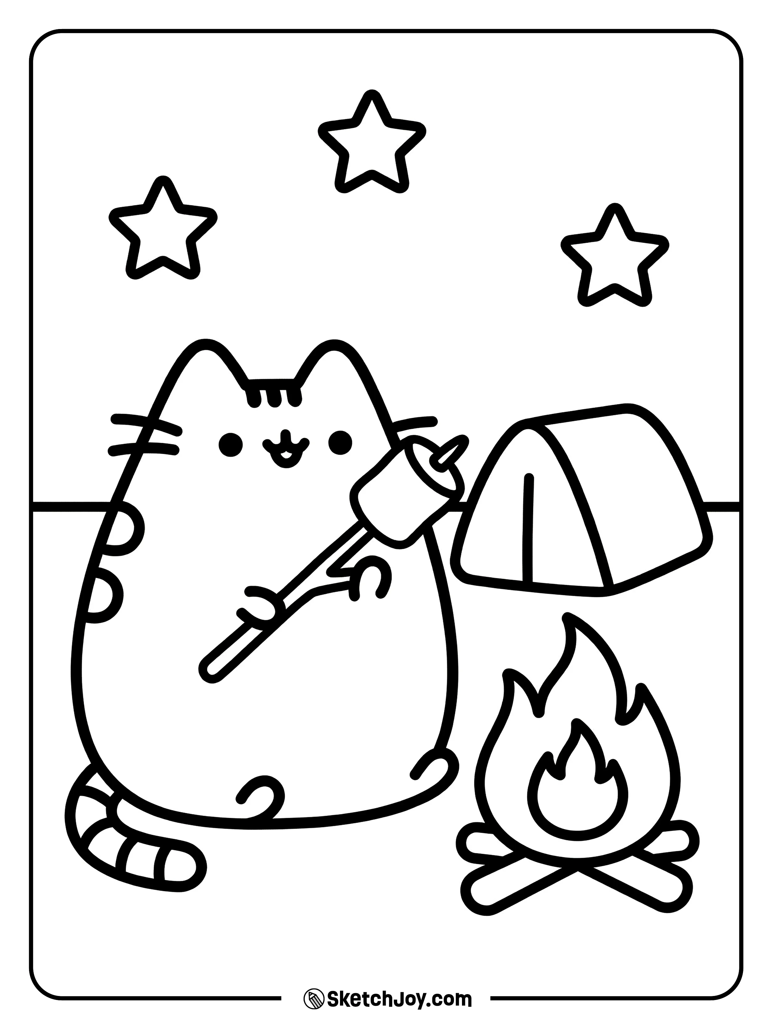 Pusheen roasts a marshmallow by a tiny campfire.