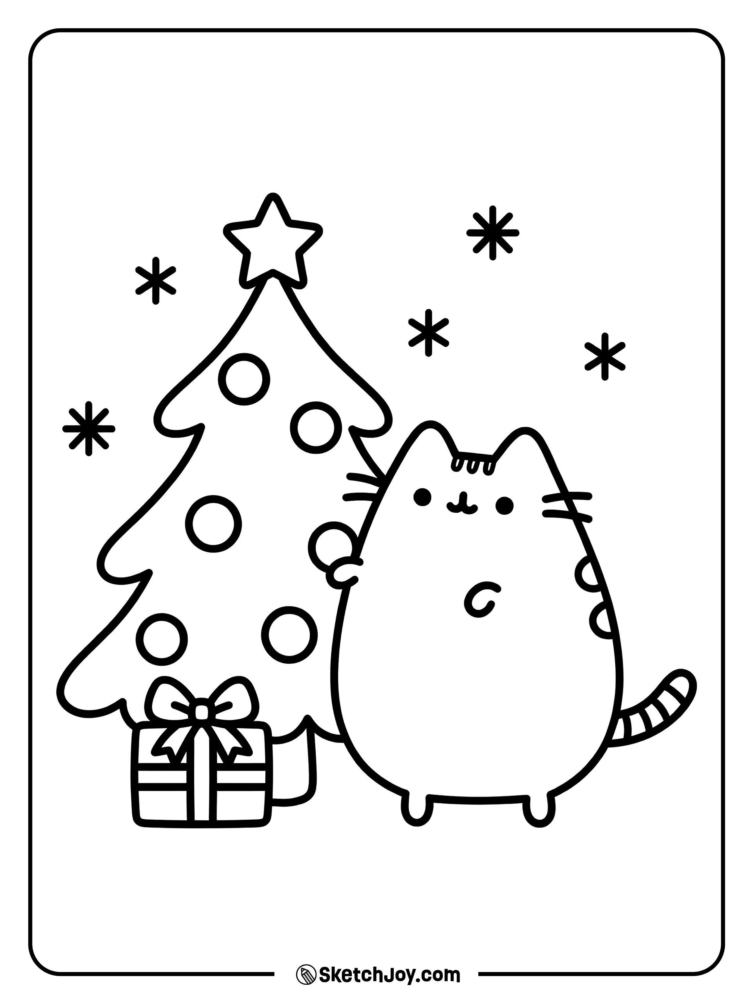Pusheen puts an ornament on a small tree.