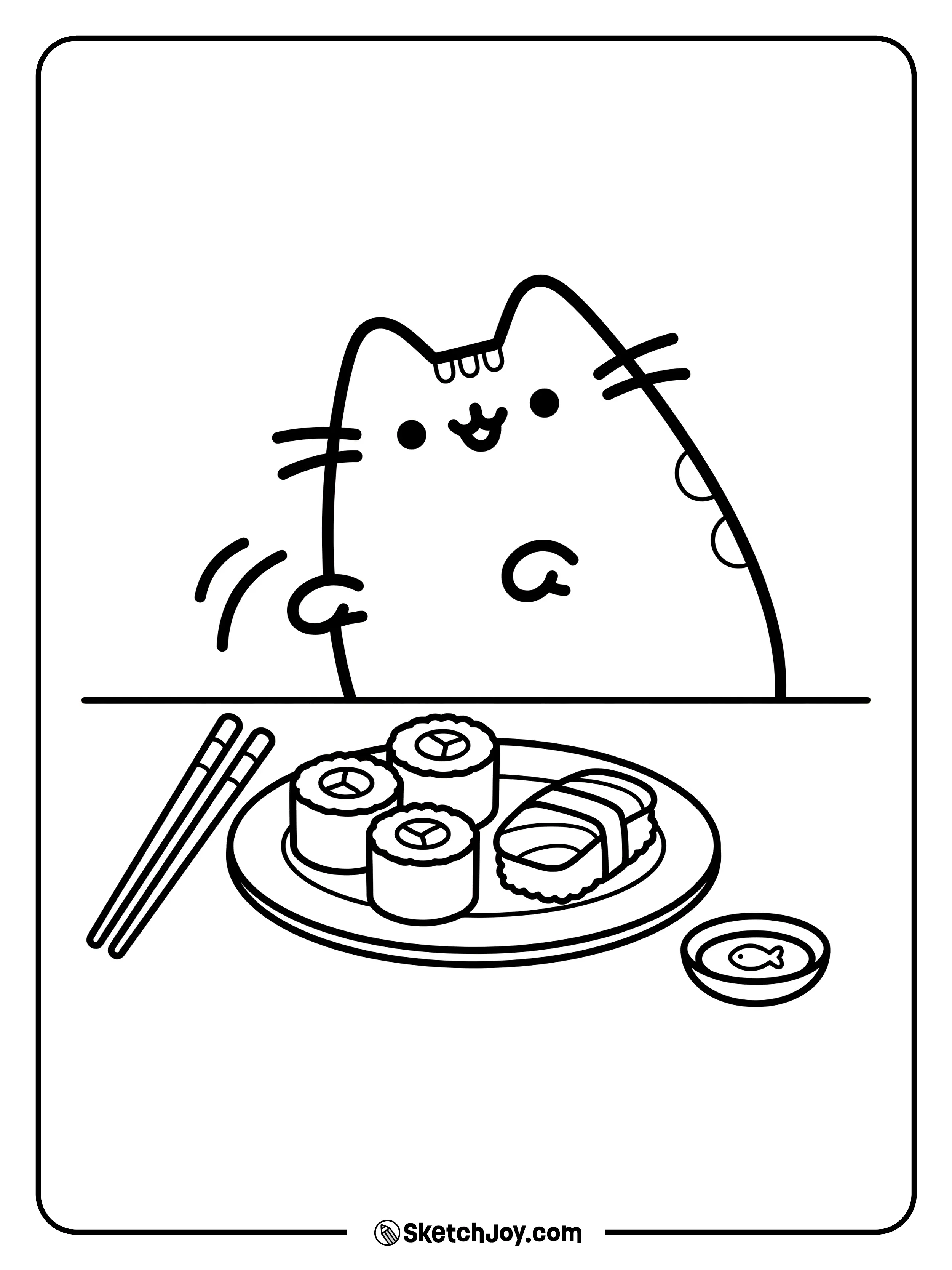 Pusheen taps a sushi roll before taking a bite.