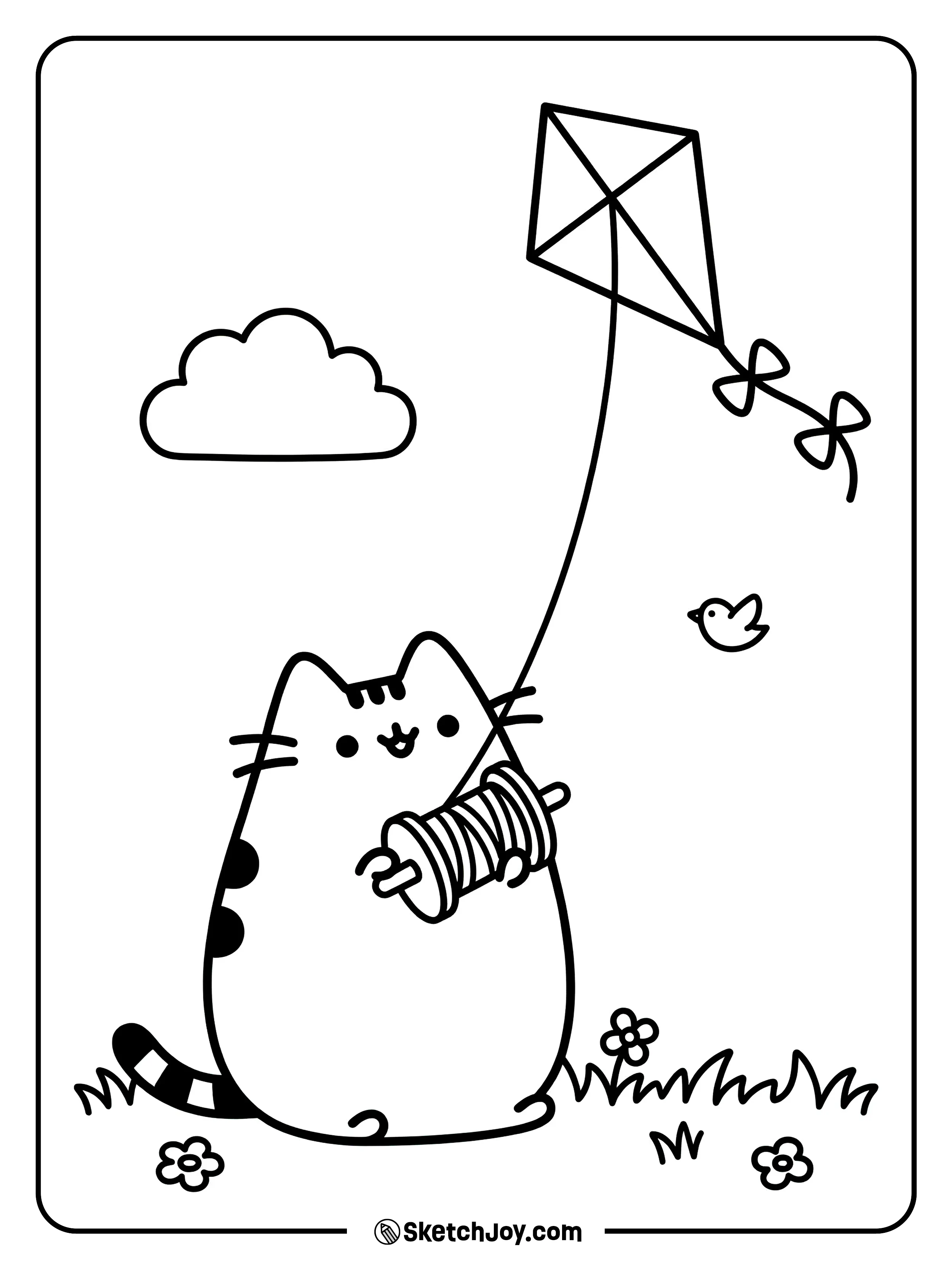 Pusheen holds a kite string as the kite floats high.