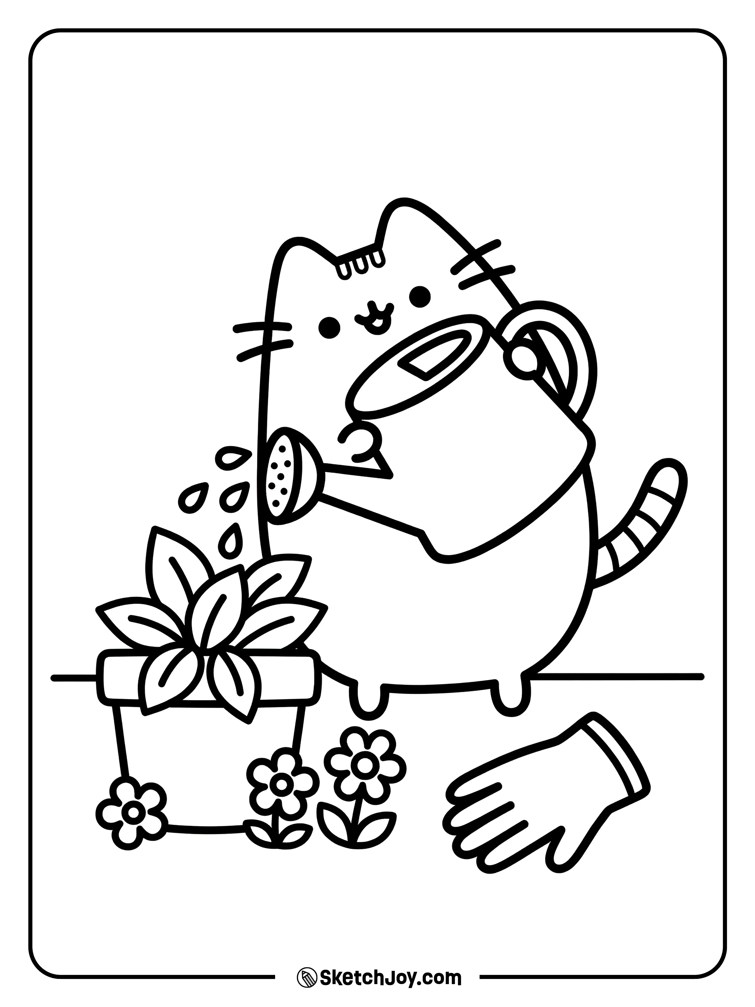 Pusheen waters a small plant and looks proud.