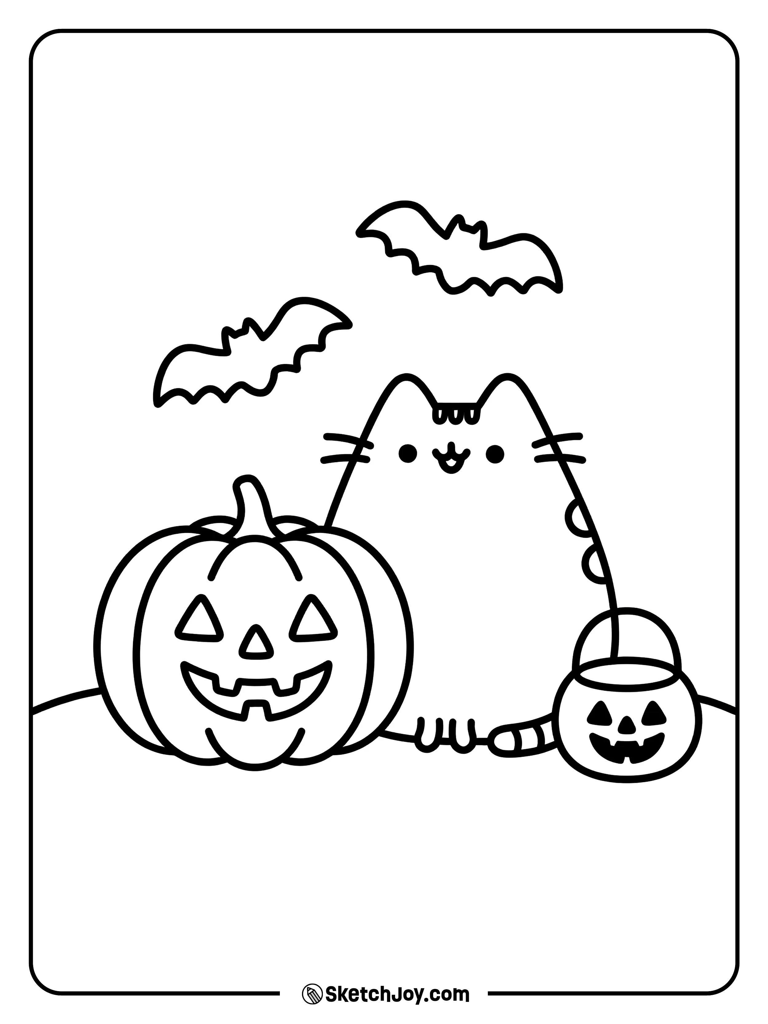 Pusheen sits with a pumpkin and a cute spooky mood.
