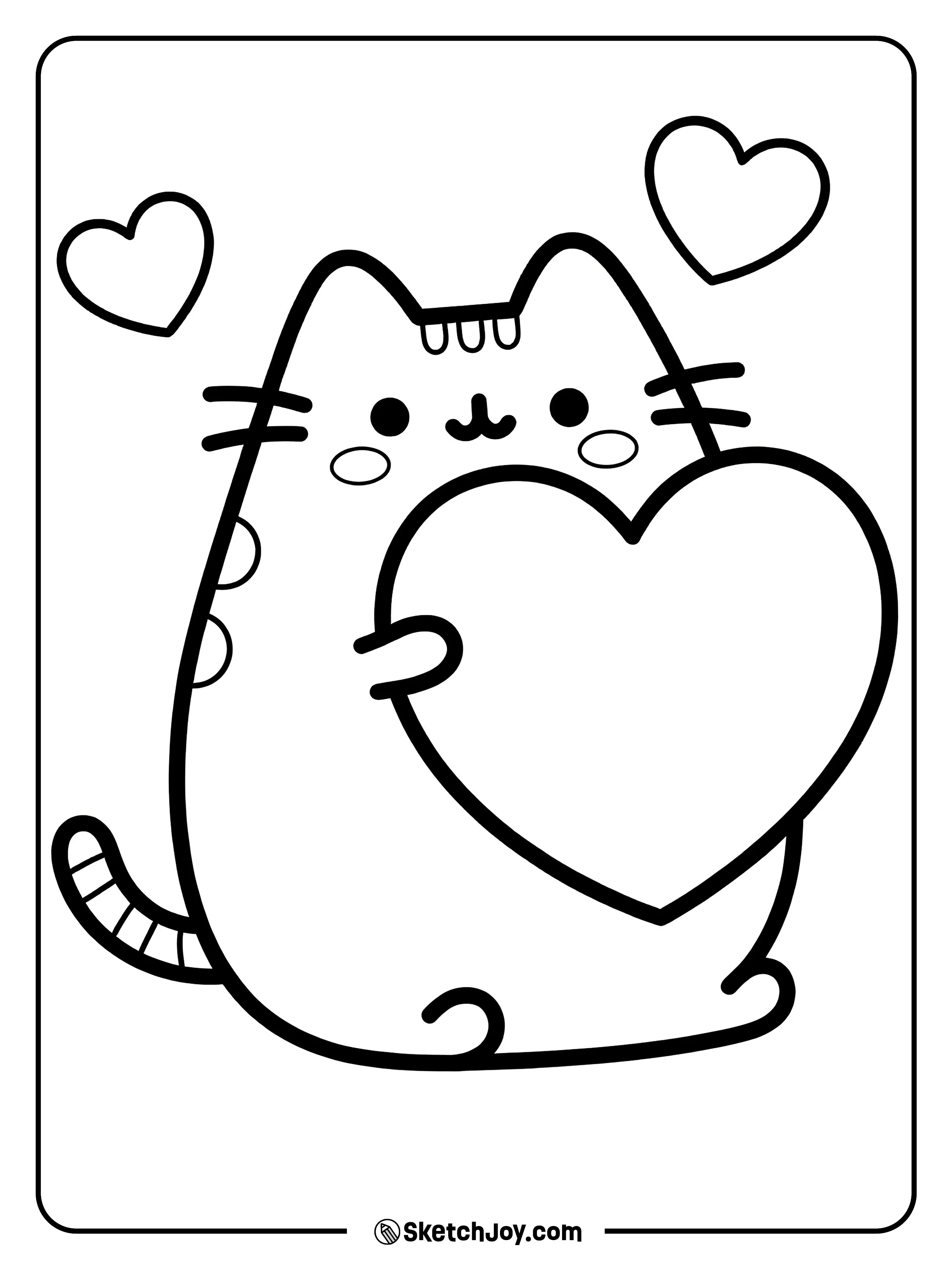 Pusheen hugs a big heart with both paws.
