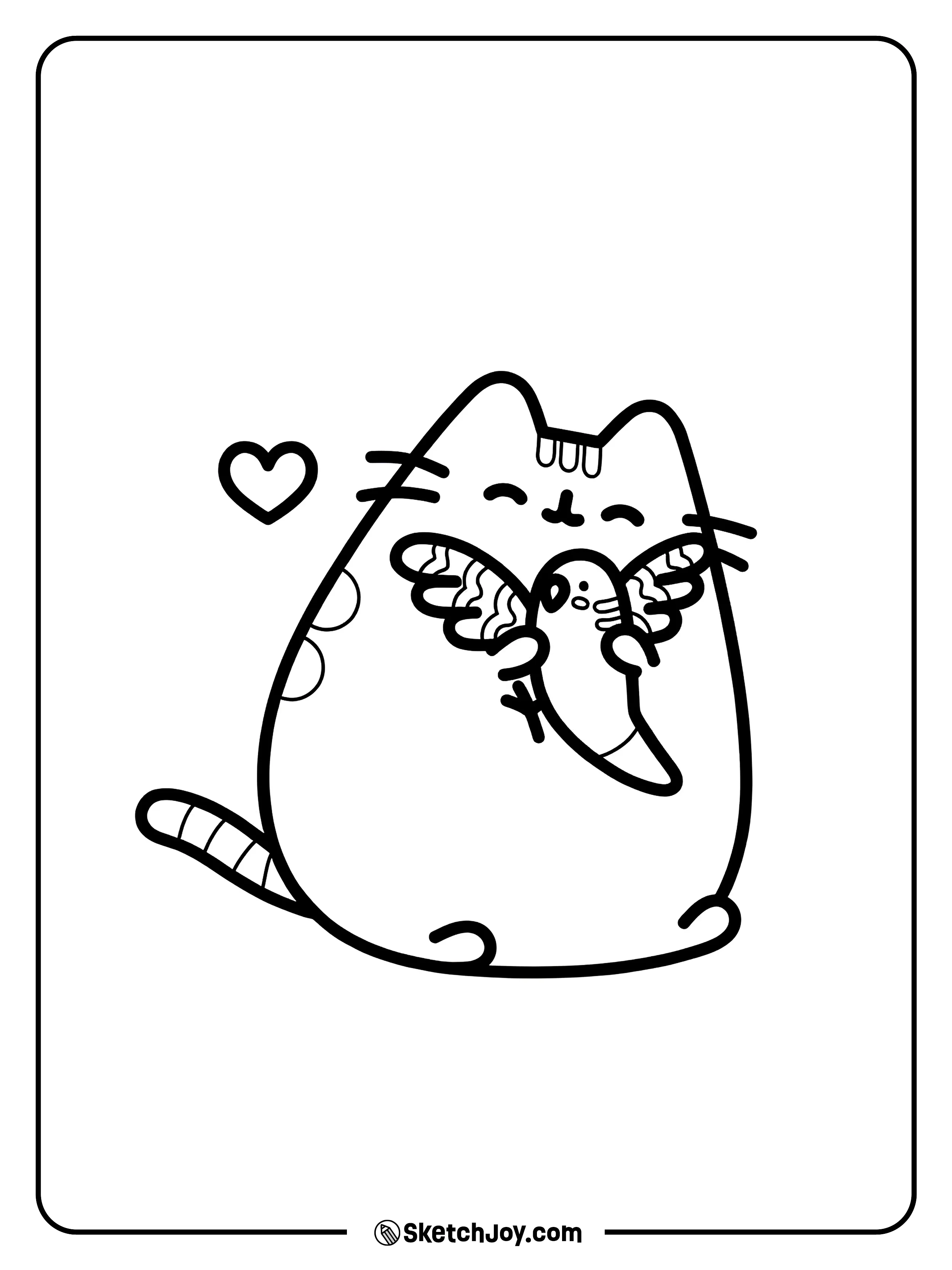 Pusheen gently hugs a tiny bird with a heart nearby.