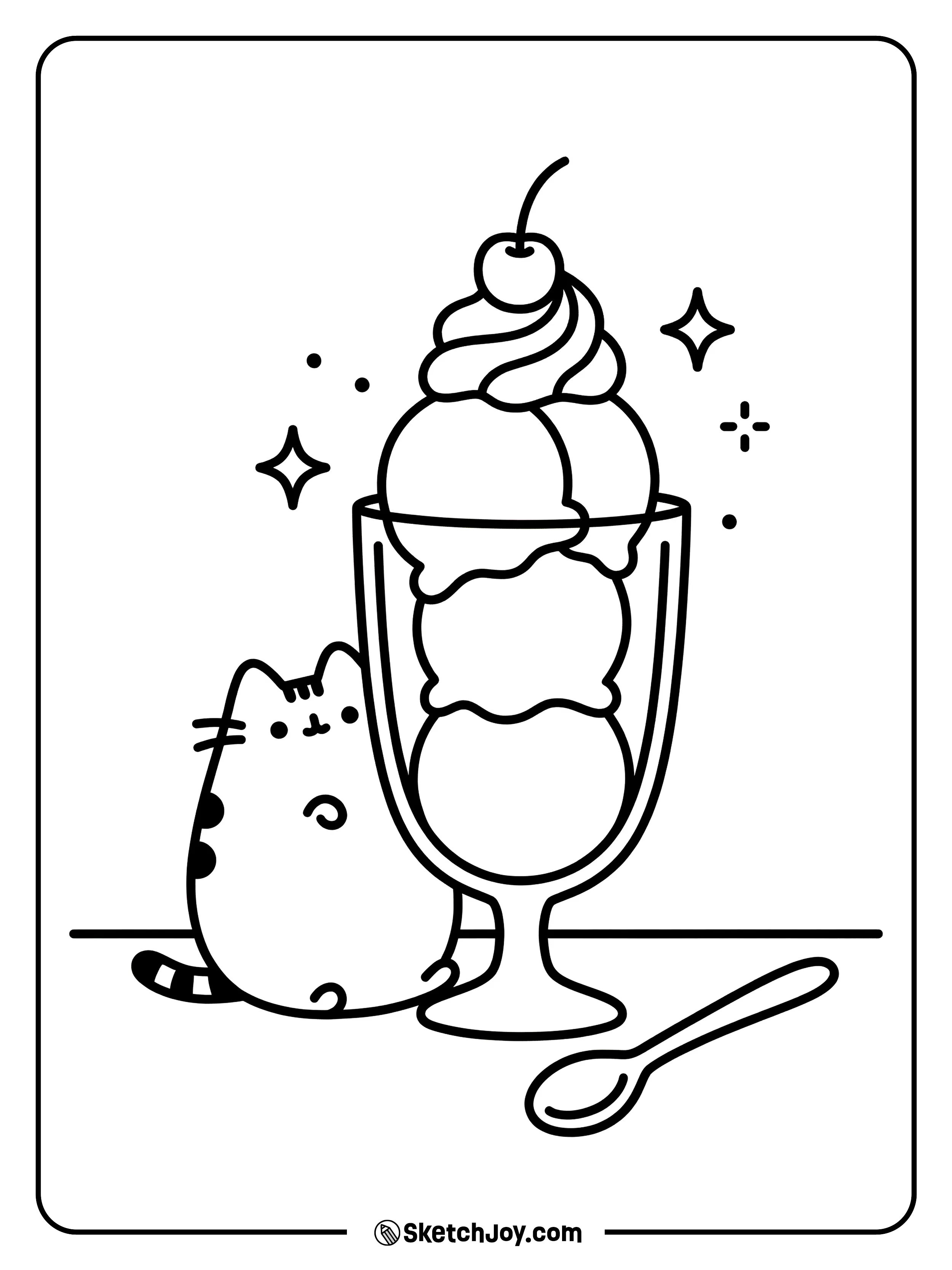Pusheen stares at a tall sundae with a cherry on top.