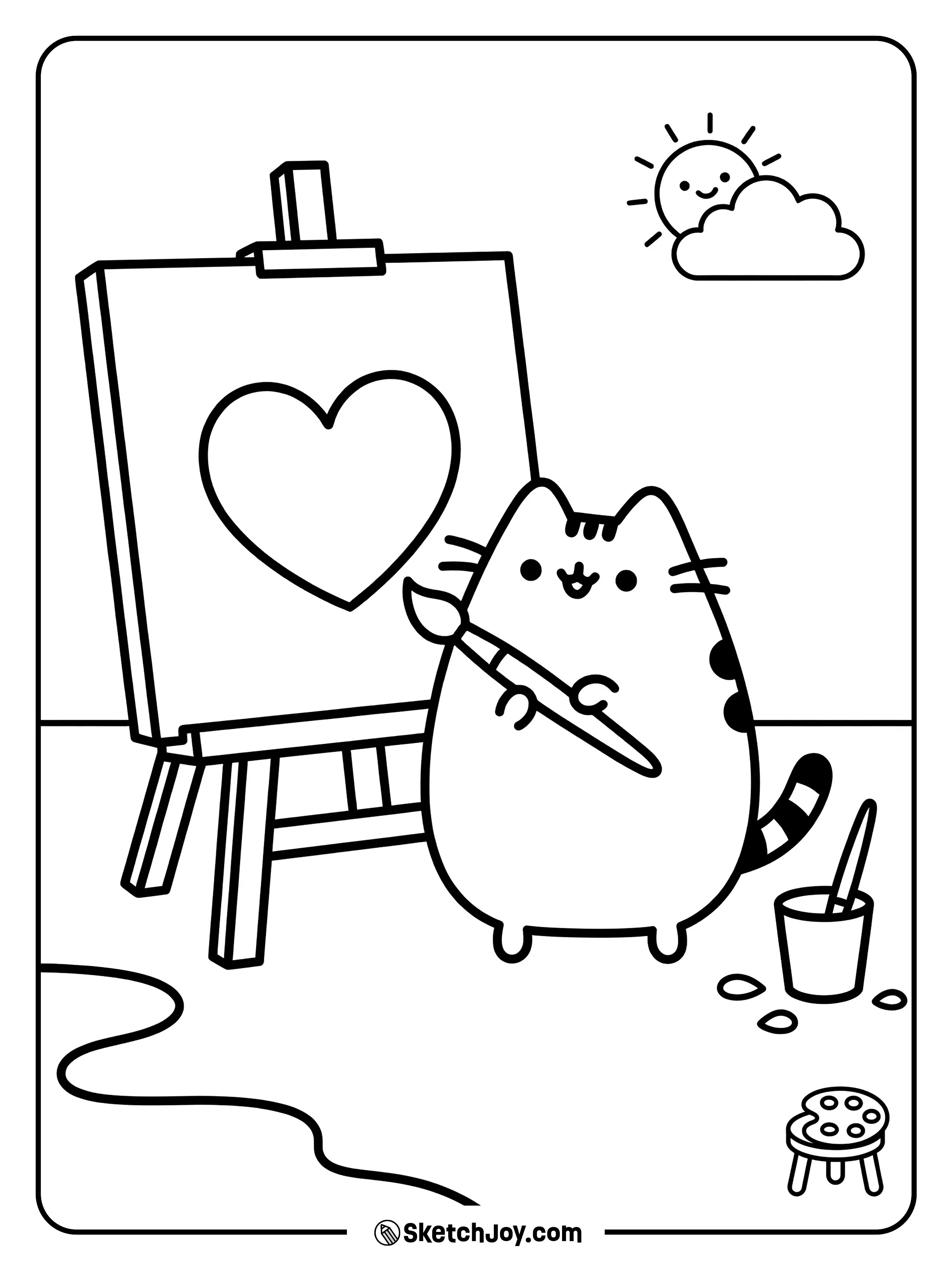 Pusheen holds a brush and paints a big heart.