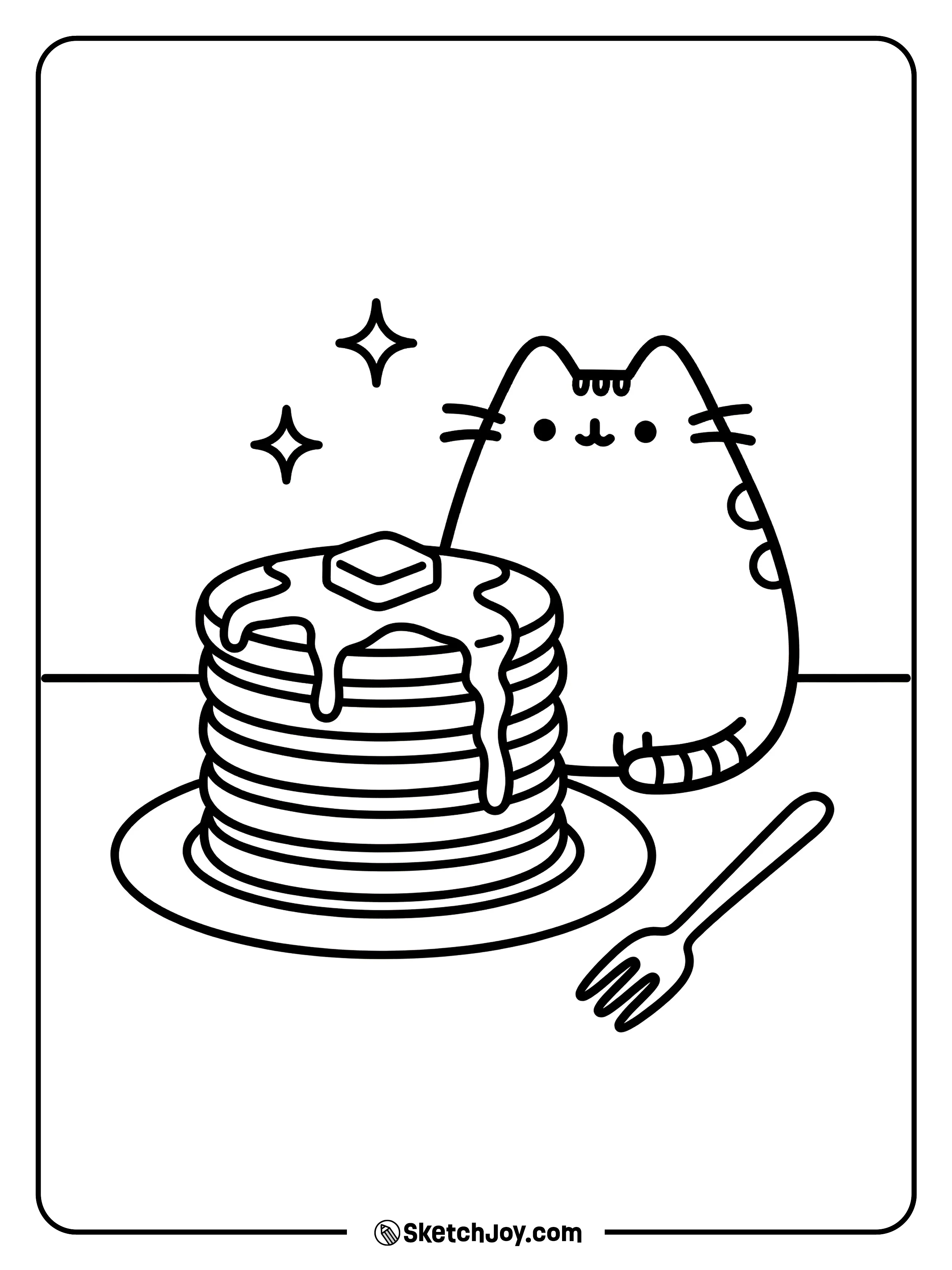 Pusheen guards a pancake stack with a proud smile.