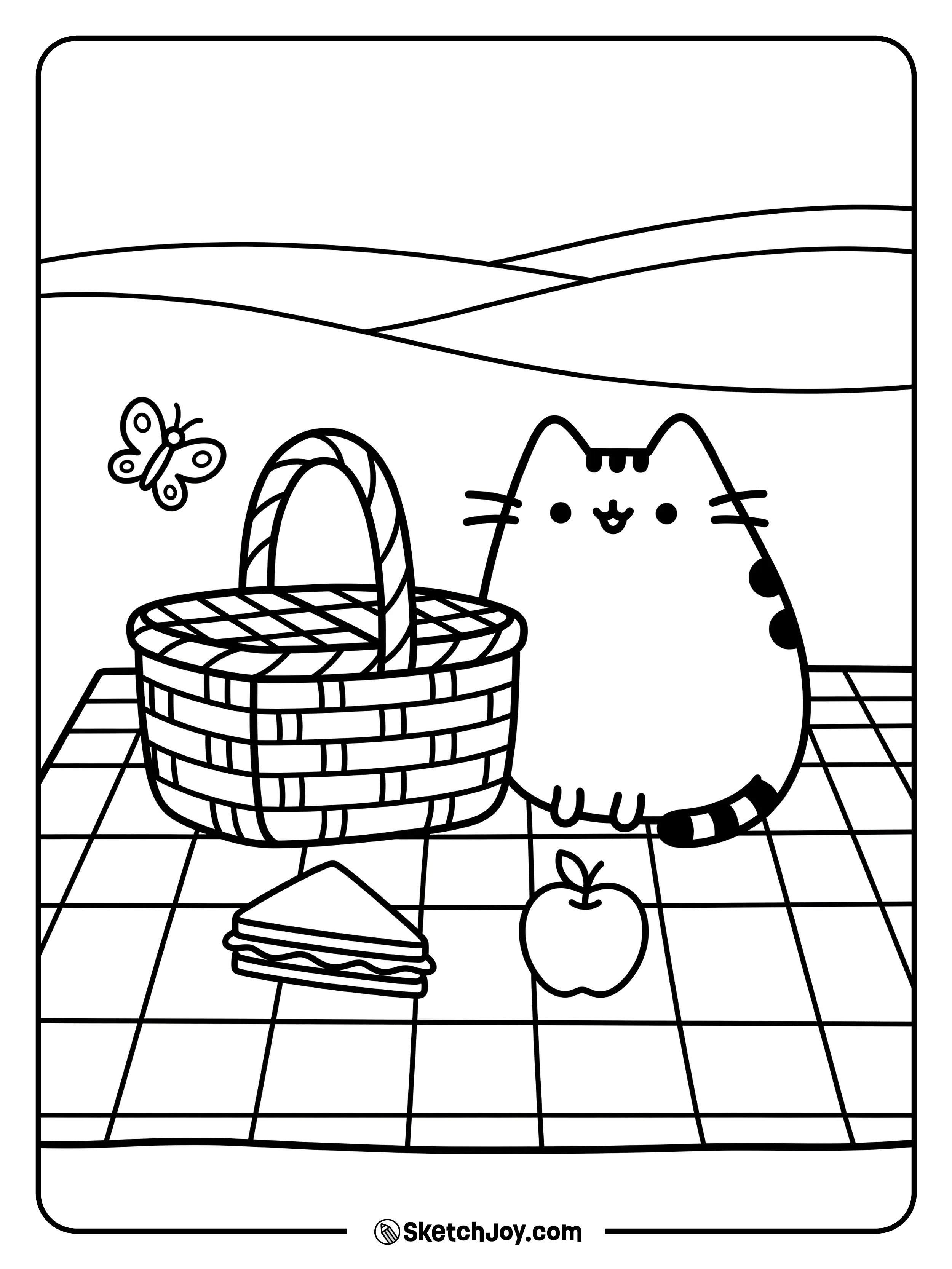 Pusheen sits by a picnic basket with snacks.