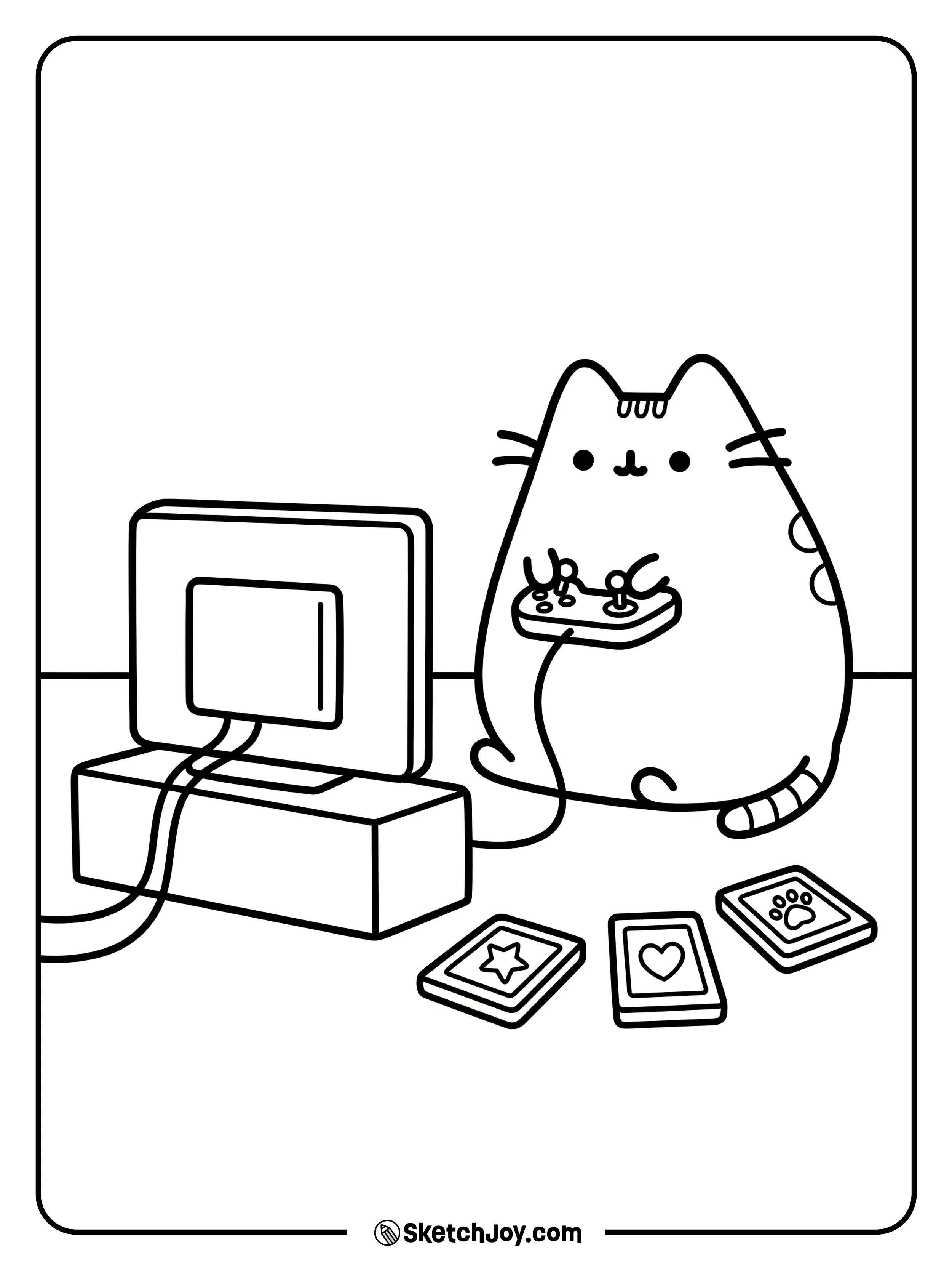 Pusheen holds a controller and looks focused.
