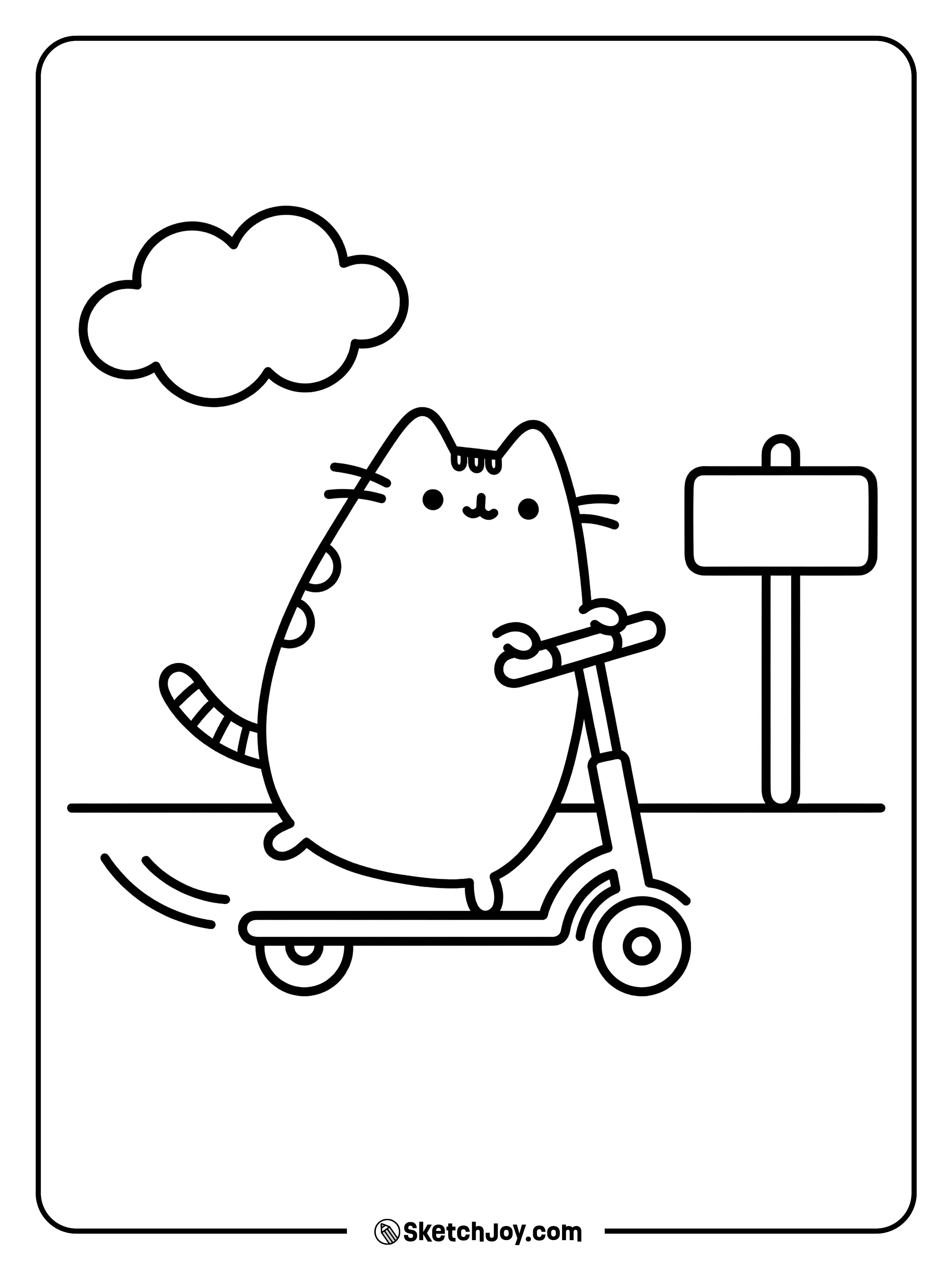 Pusheen rides a scooter with a silly grin.