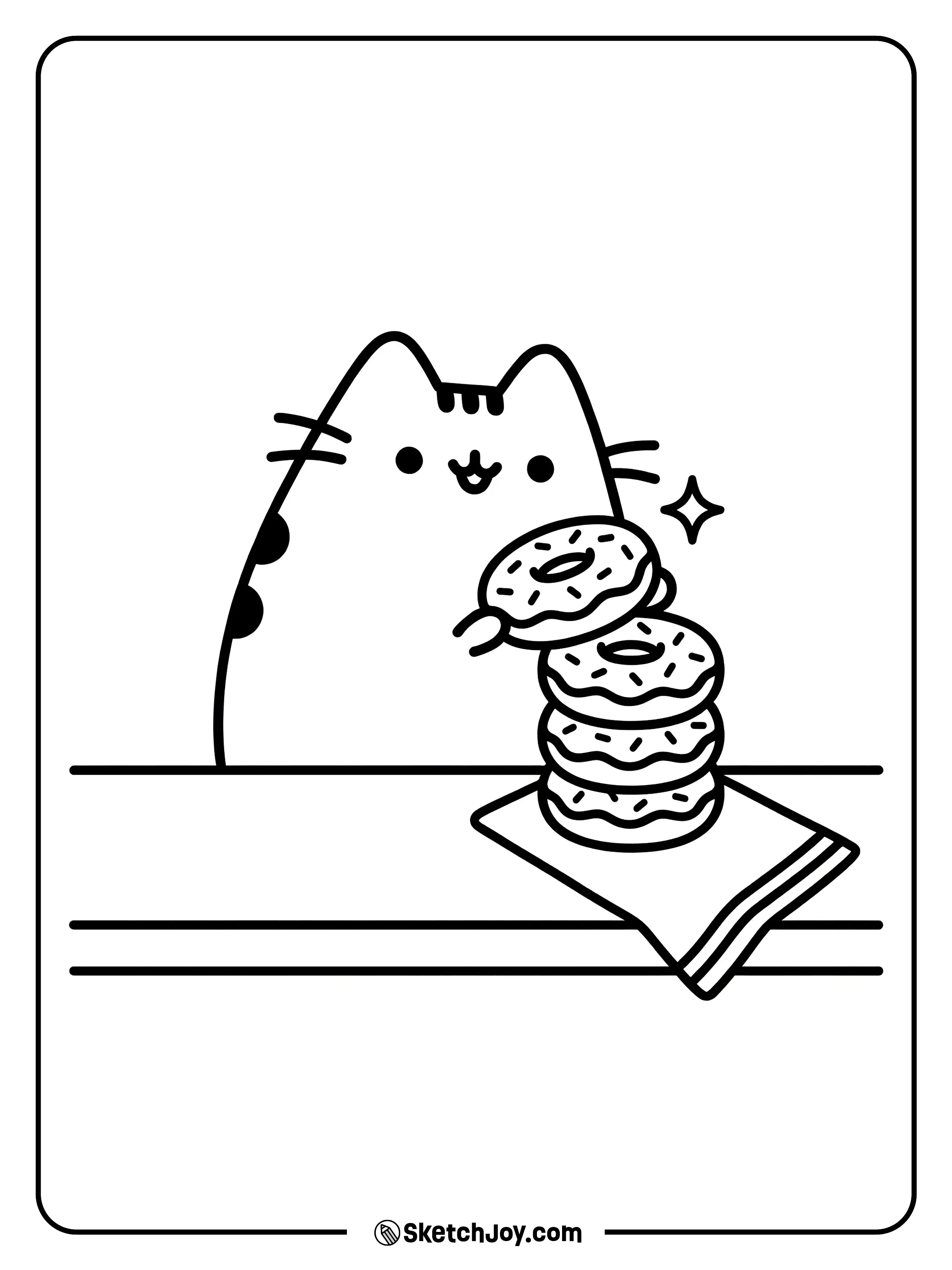 Pusheen builds a tall donut stack and grins.