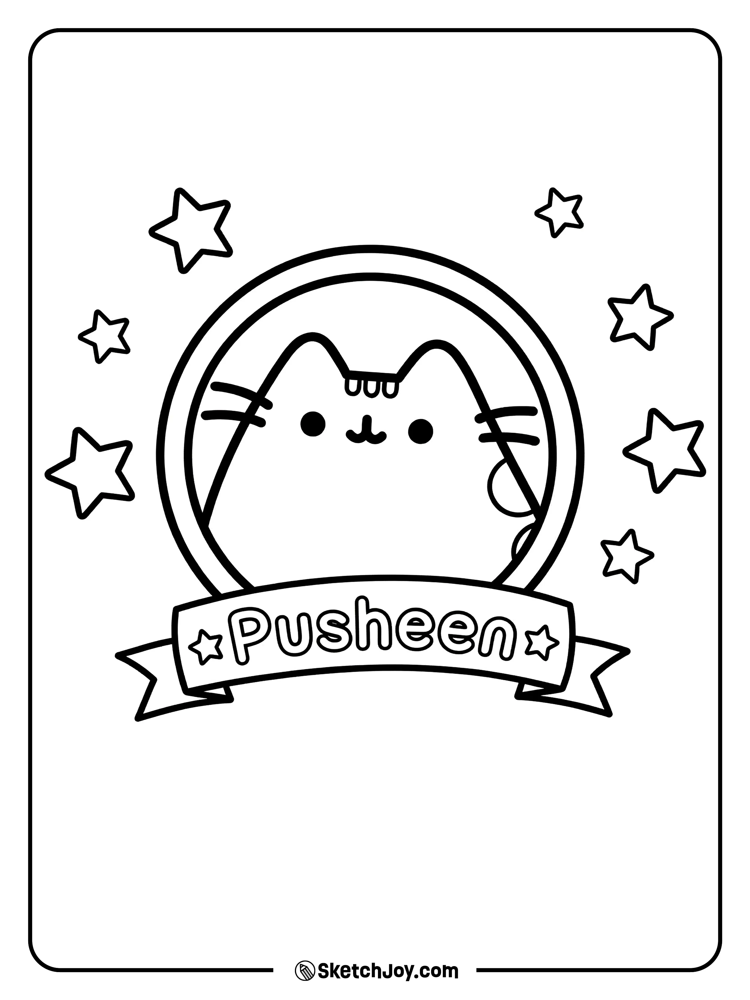 Pusheen sits inside a badge with stars and a name banner.