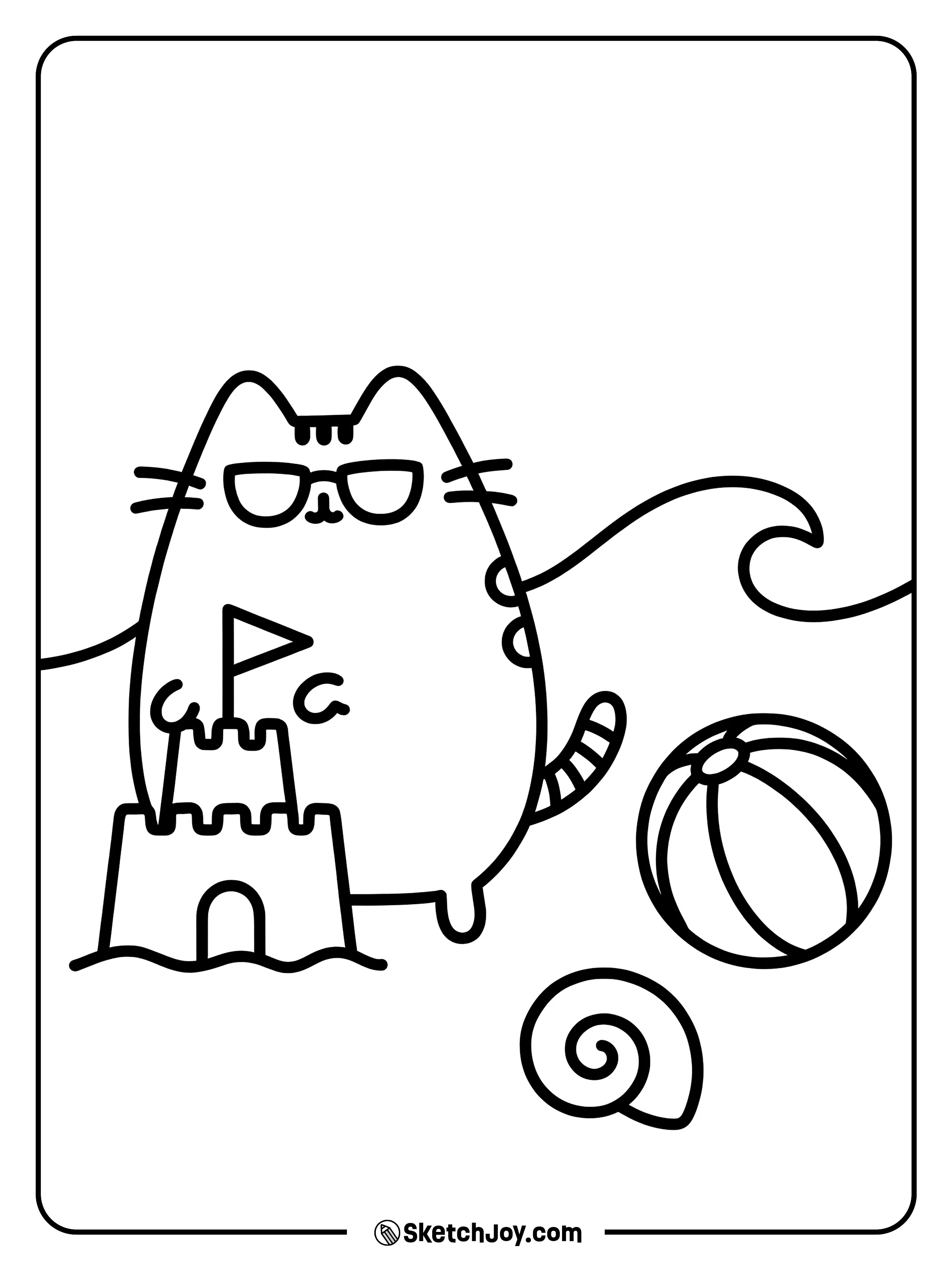 Pusheen wears sunglasses near a tiny sandcastle.