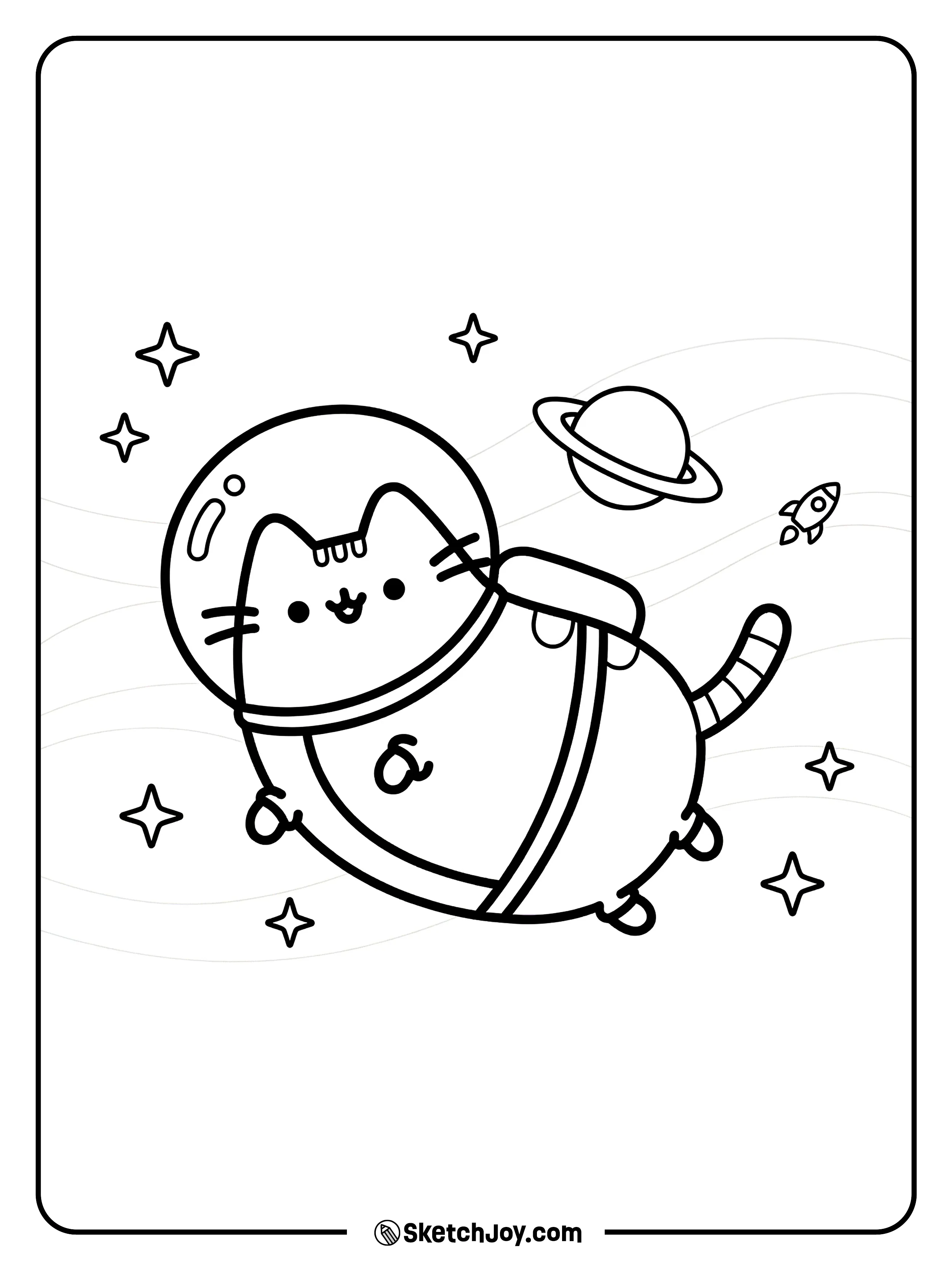 Pusheen floats with a round helmet and tiny stars.