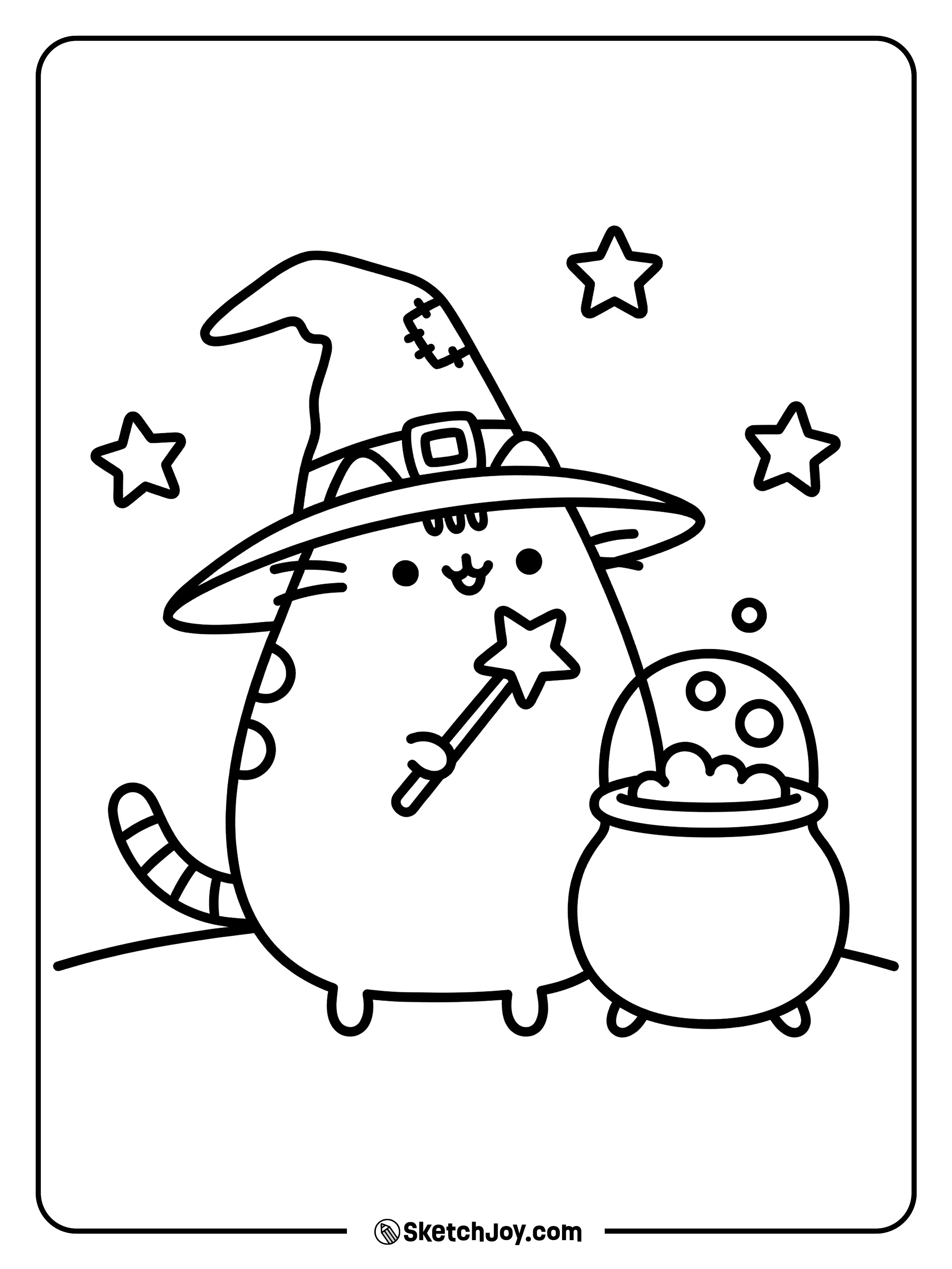 Pusheen wears a big witch hat and holds a tiny wand.