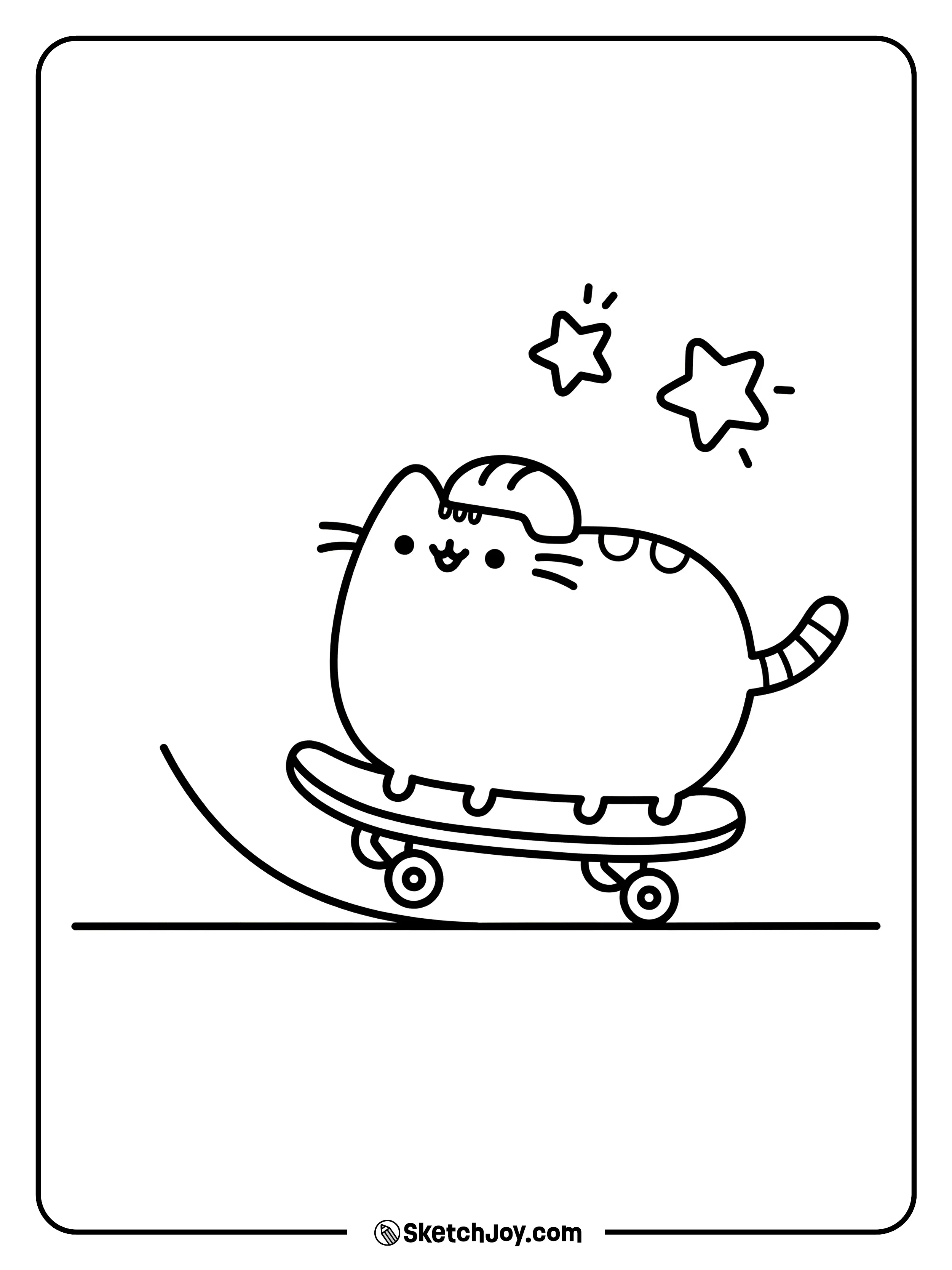 Pusheen balances on a skateboard with stripes.
