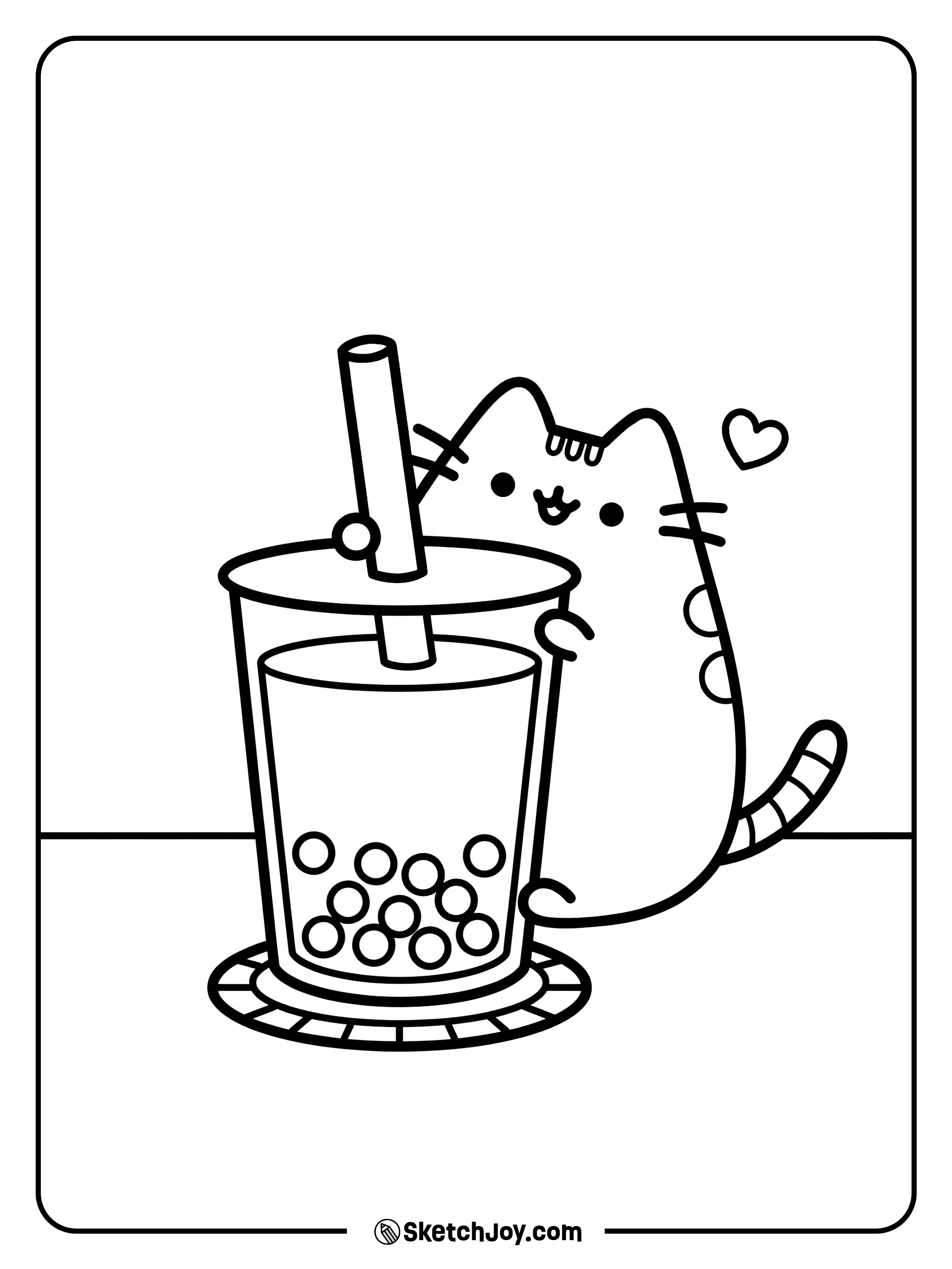 Pusheen hugs a big cup of boba with chunky pearls.