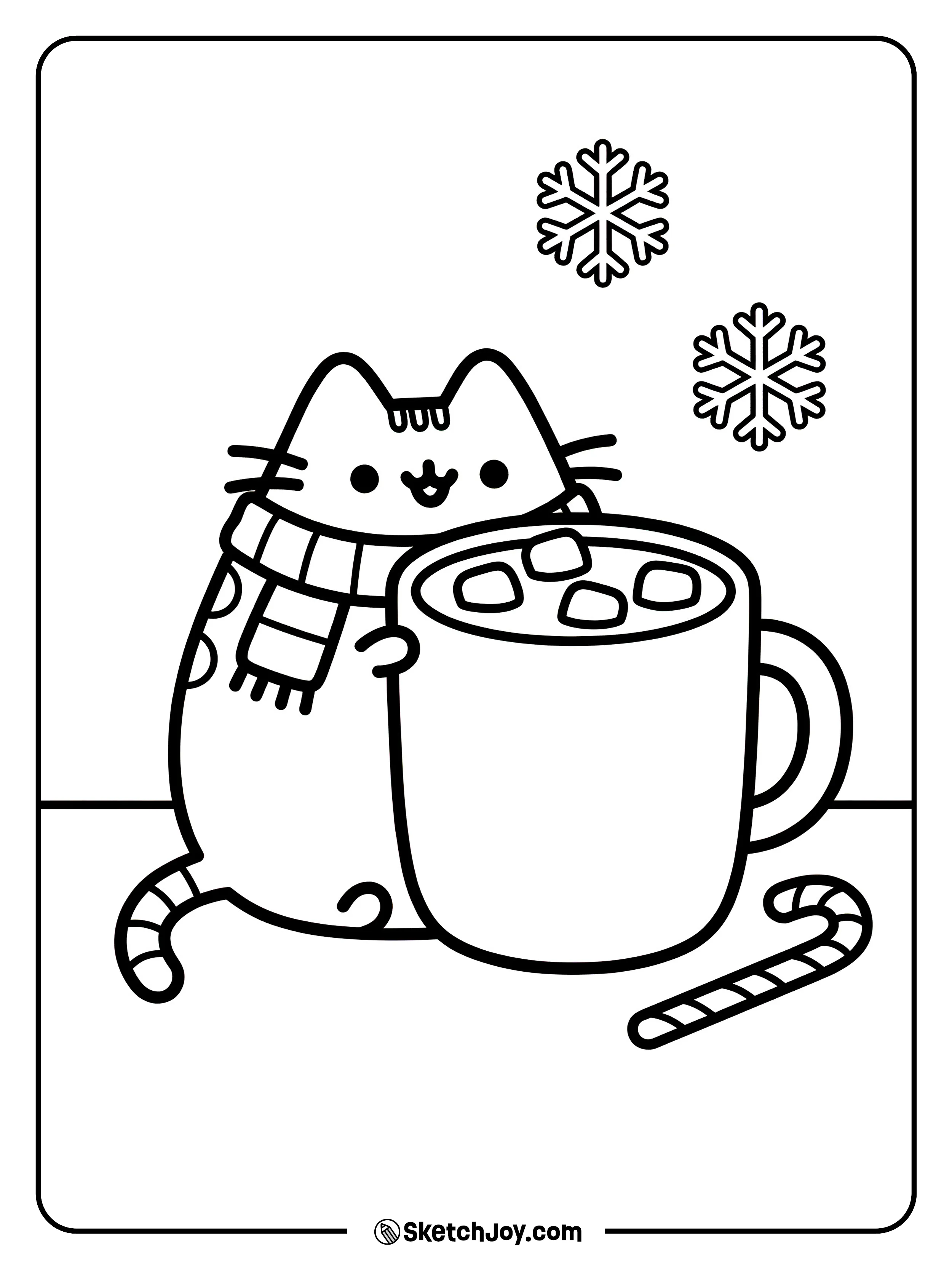 Pusheen cuddles a mug with marshmallows.