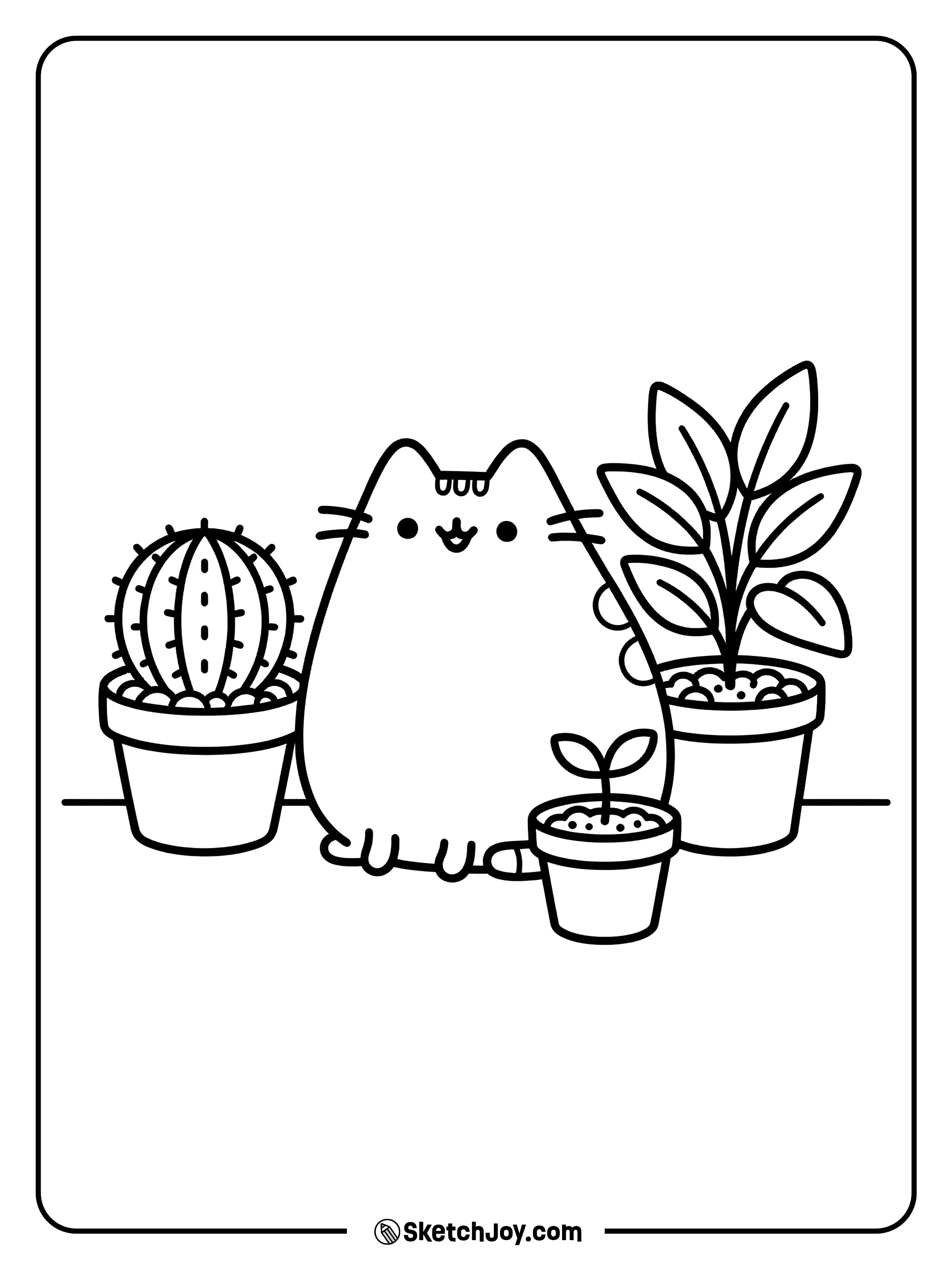 Pusheen sits between cute potted plants.