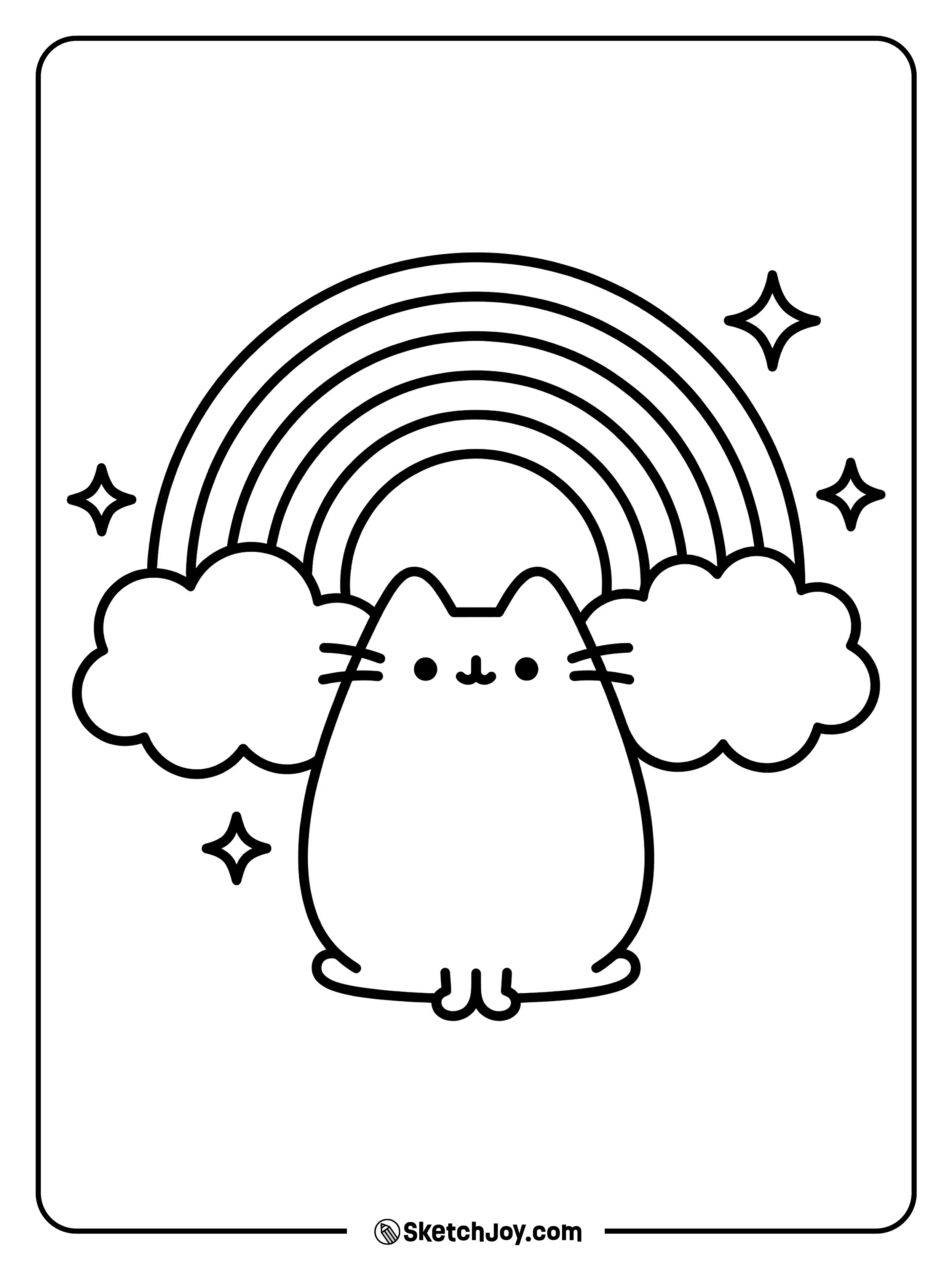 Pusheen sits in front of a simple rainbow and smiles.