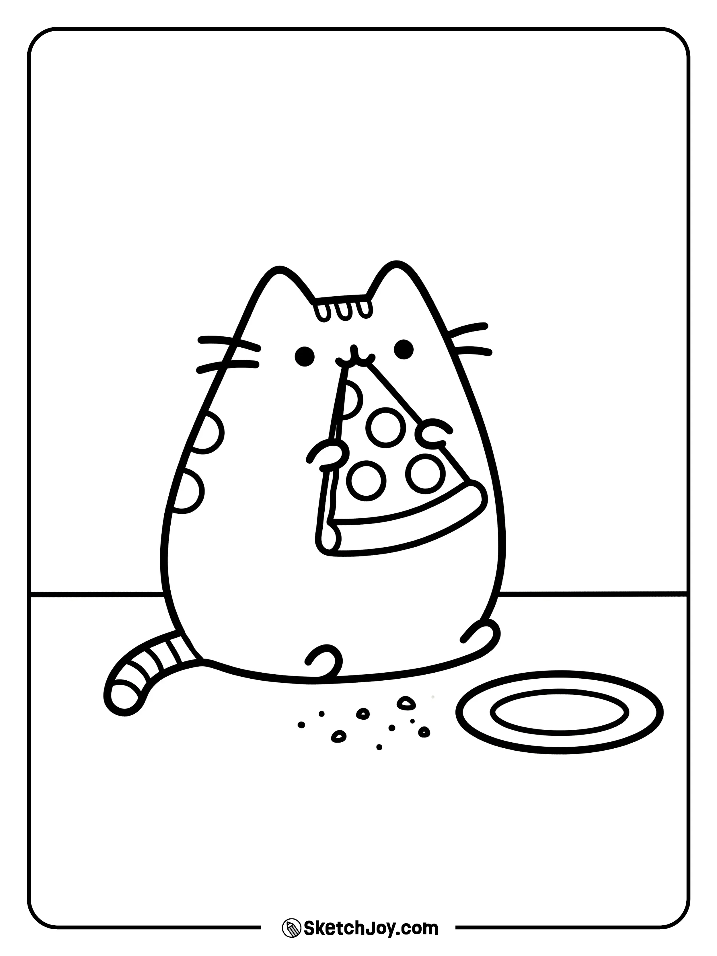 Pusheen holds a giant pizza slice with a happy face.
