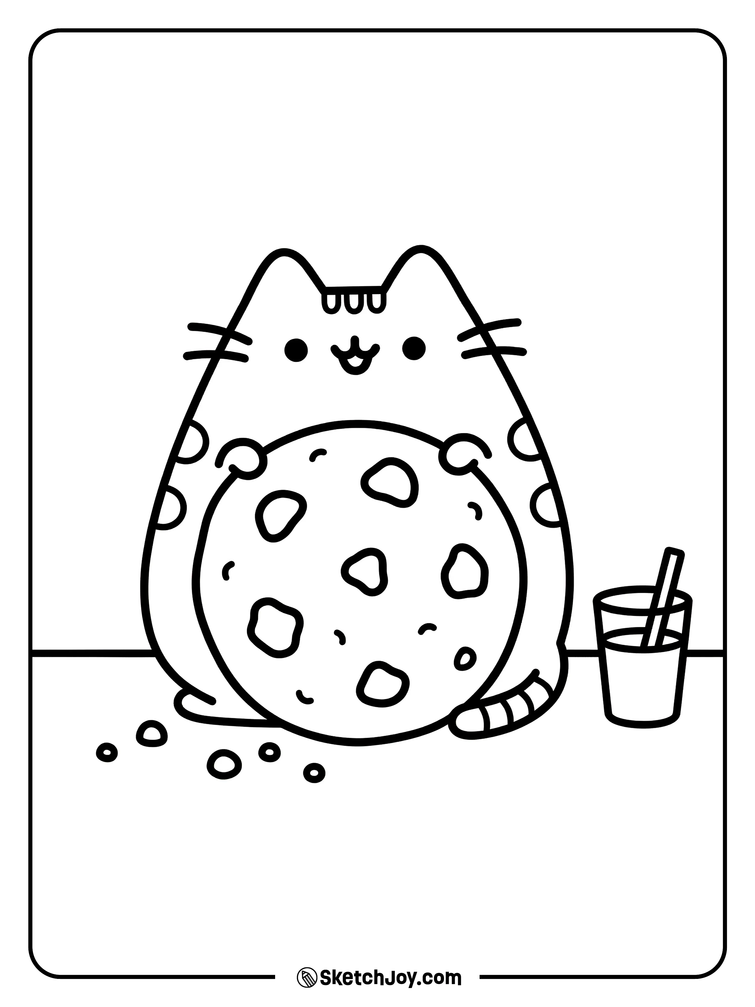 Pusheen holds a cookie bigger than her face.