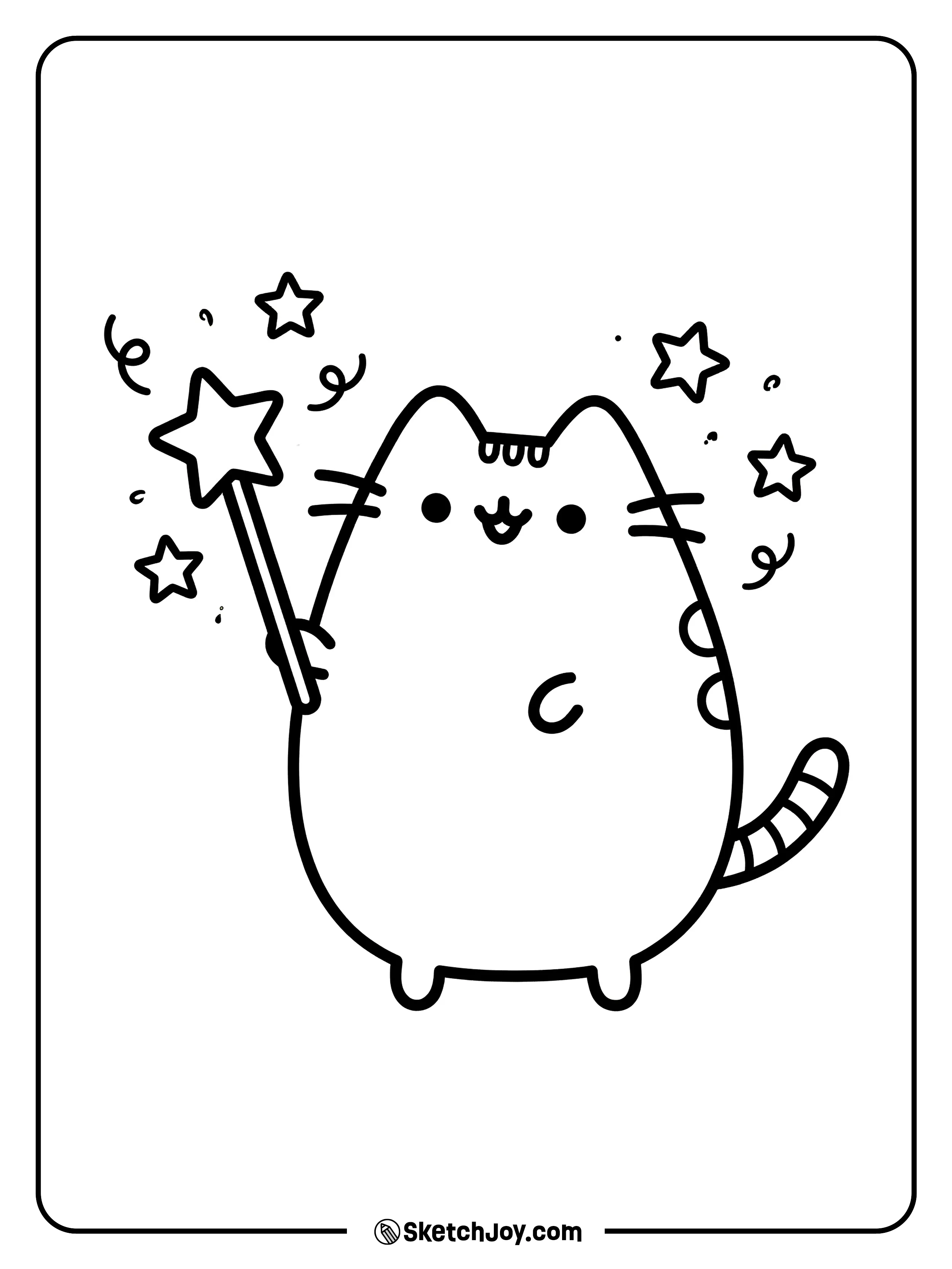 Pusheen holds a star wand and looks magical.