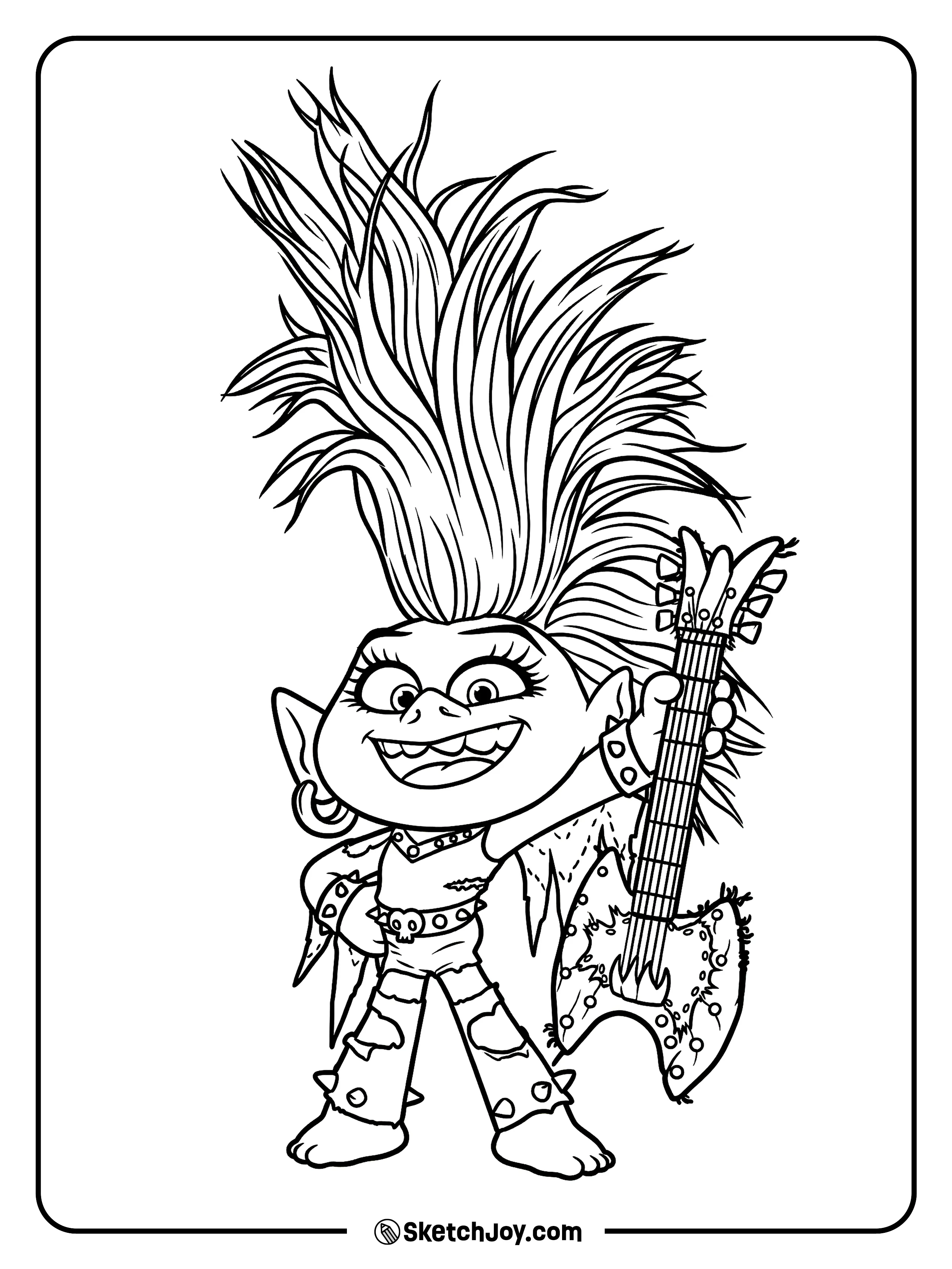 Queen Barb holds her guitar high with a big rock star grin.