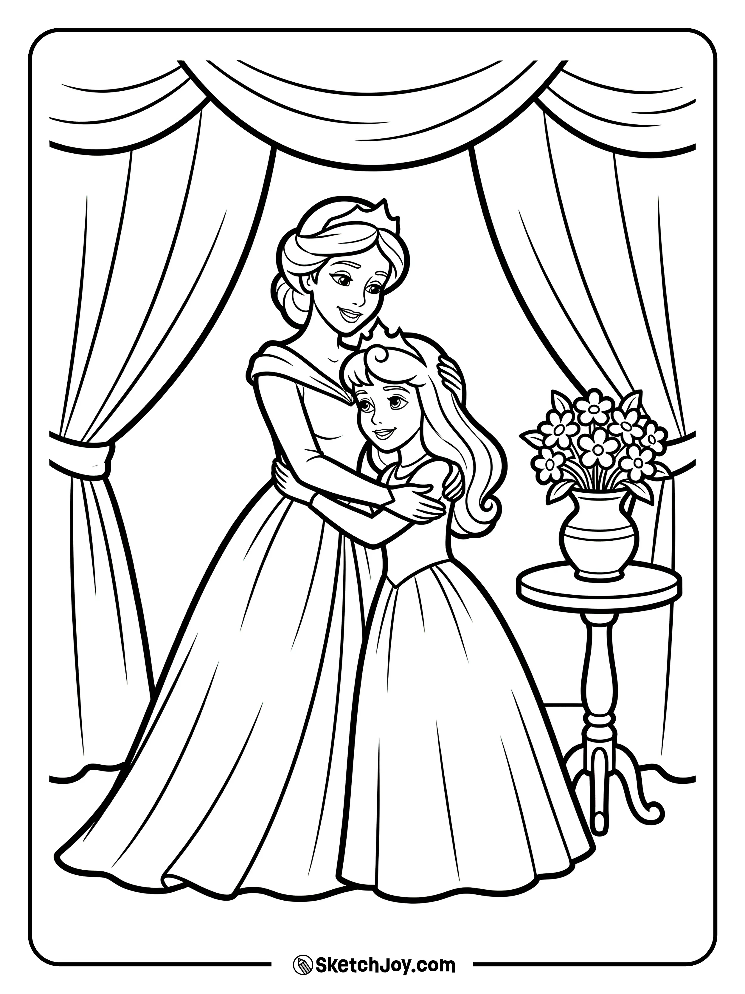 Queen Leah hugs Aurora with a warm smile.