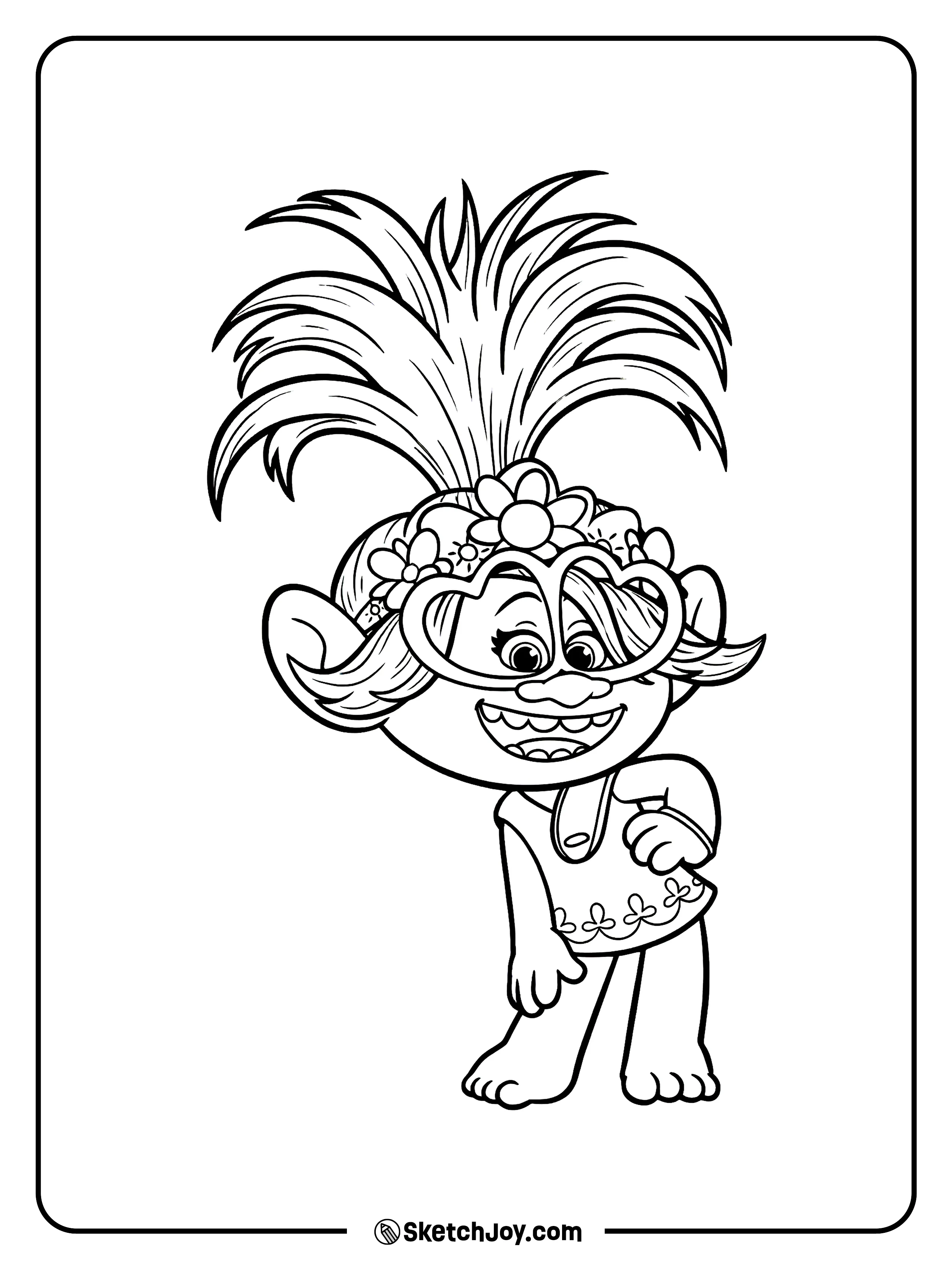 Queen Poppy smiles in big heart glasses and a flower headband.