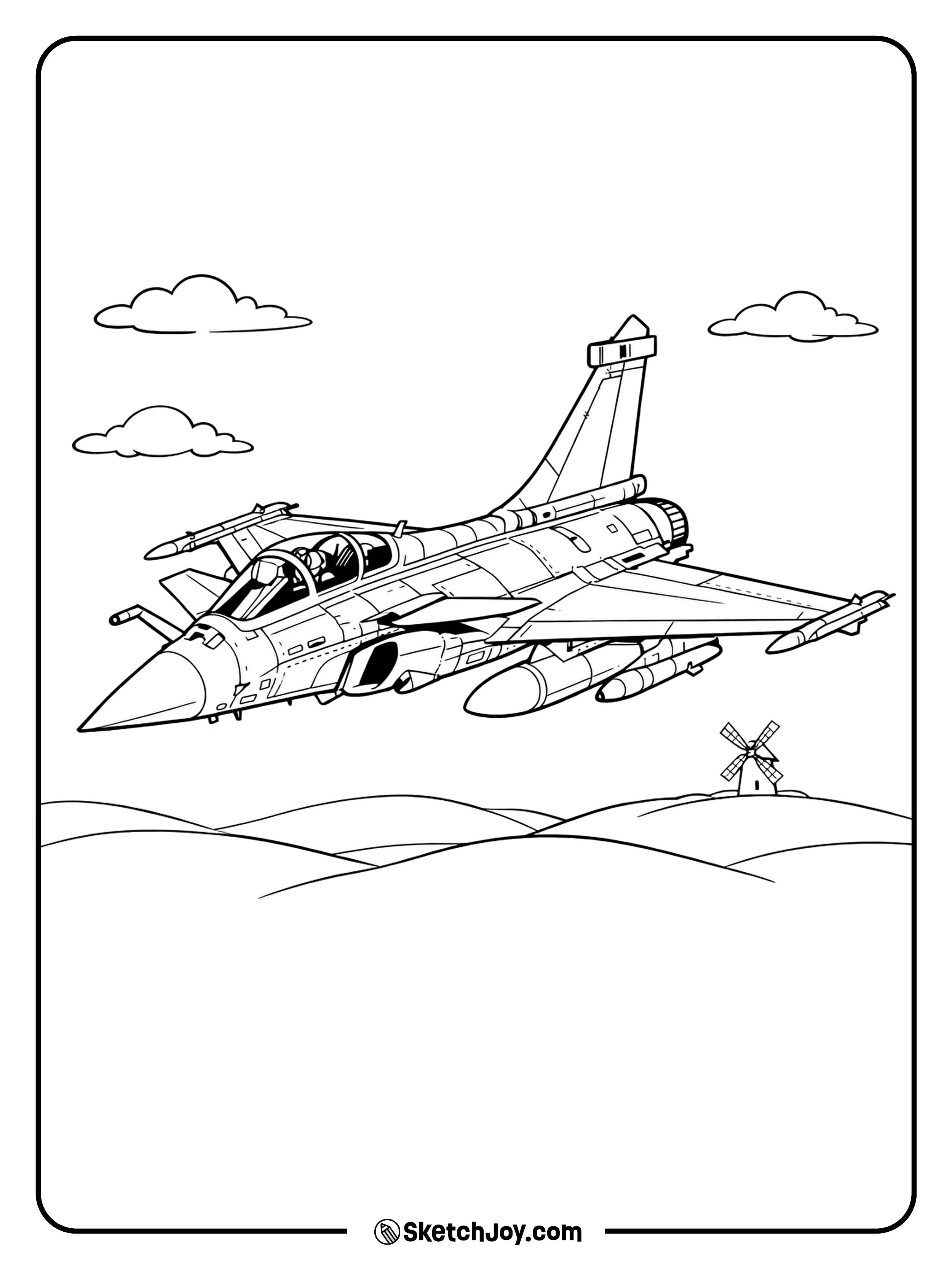 A Rafale flies above smooth hills with a small windmill far away.