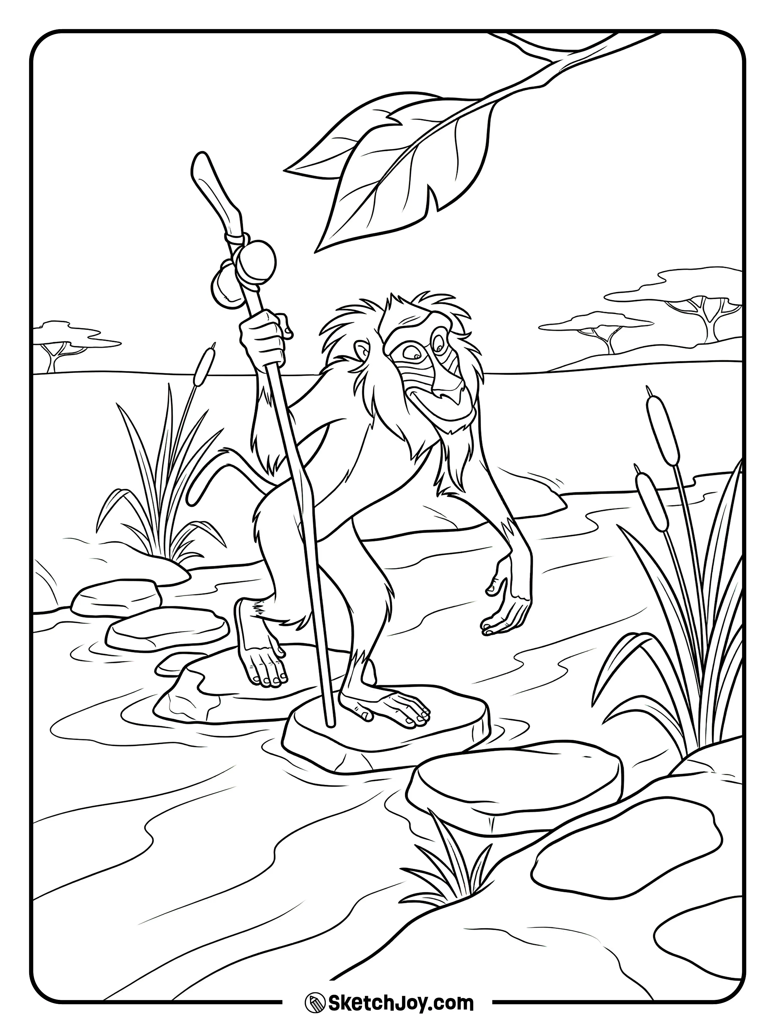 Rafiki steps over stones as water flows under his feet.