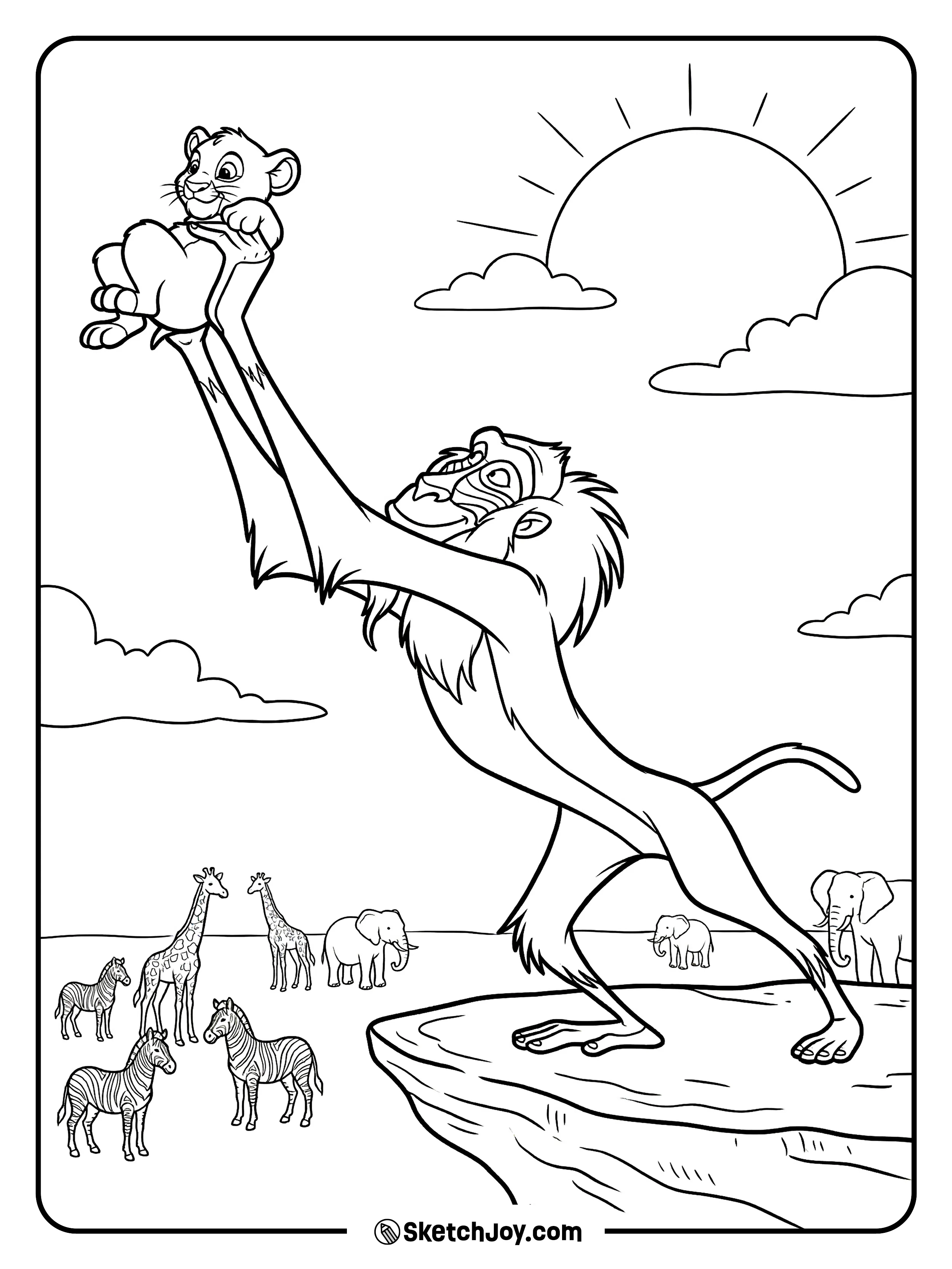 Rafiki holds baby Simba up high while the animals look on.