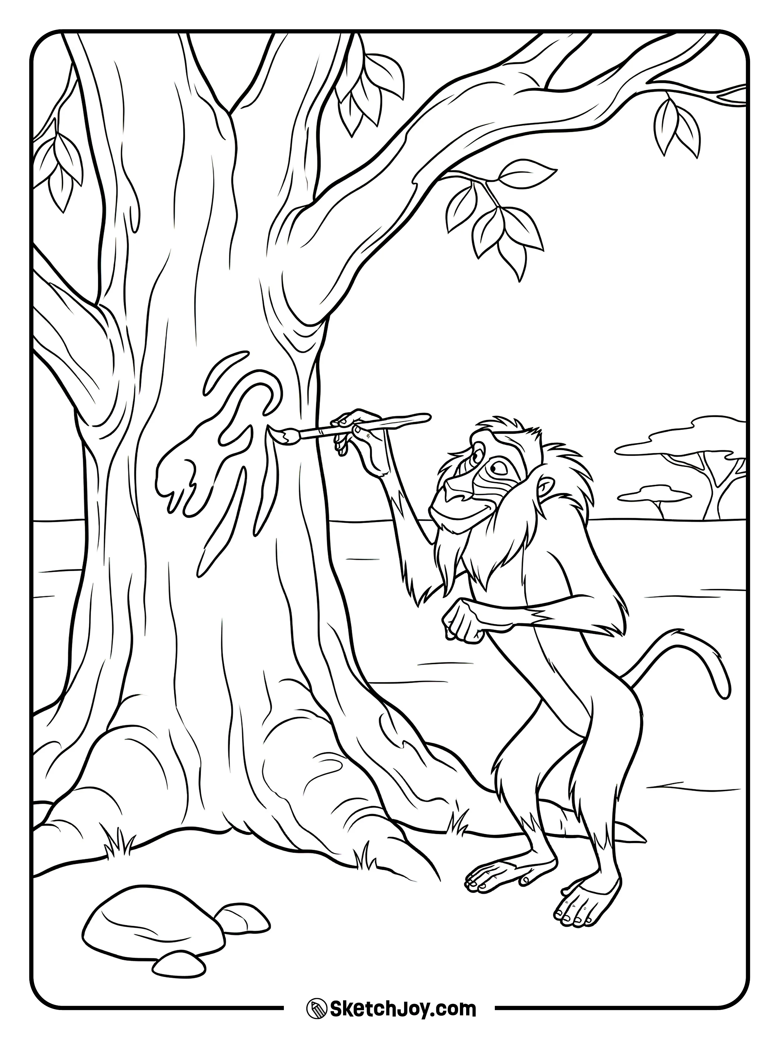 Rafiki draws Simba’s mark on a tree with a big smile.