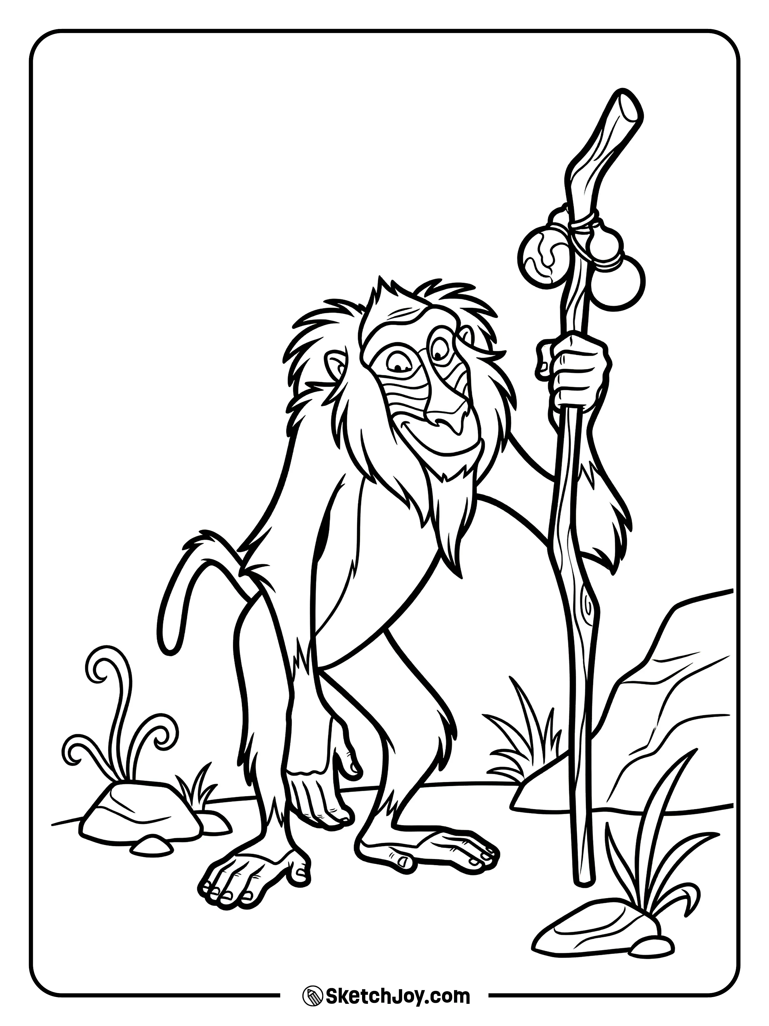 Rafiki holds his staff and looks wise and kind.
