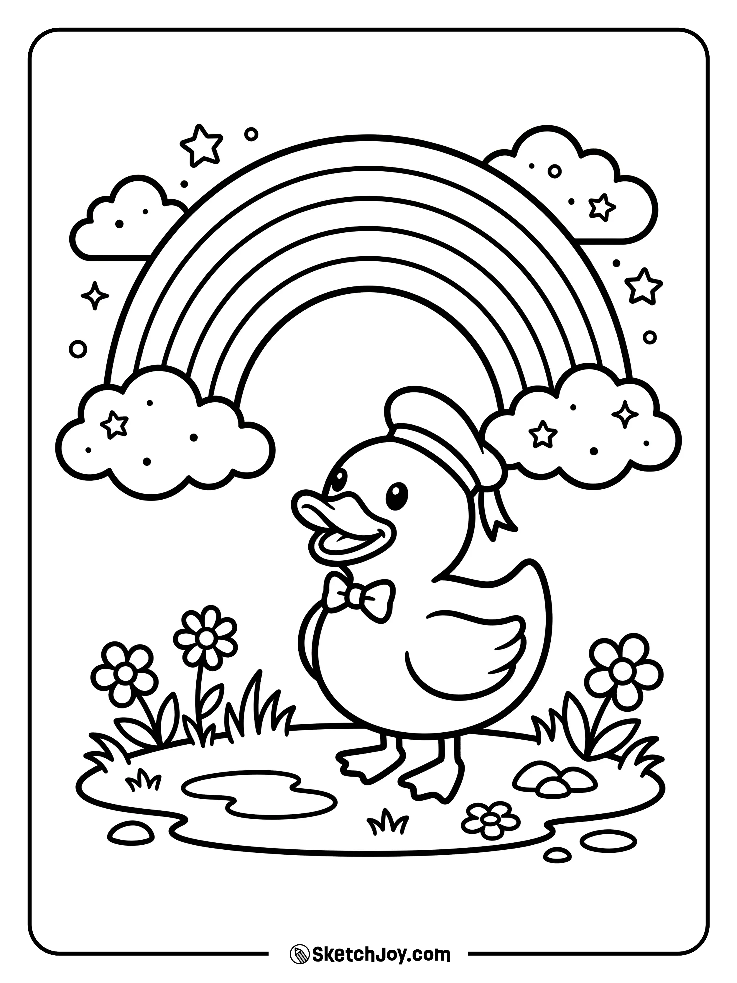 A rubber duck under a small rainbow arc.