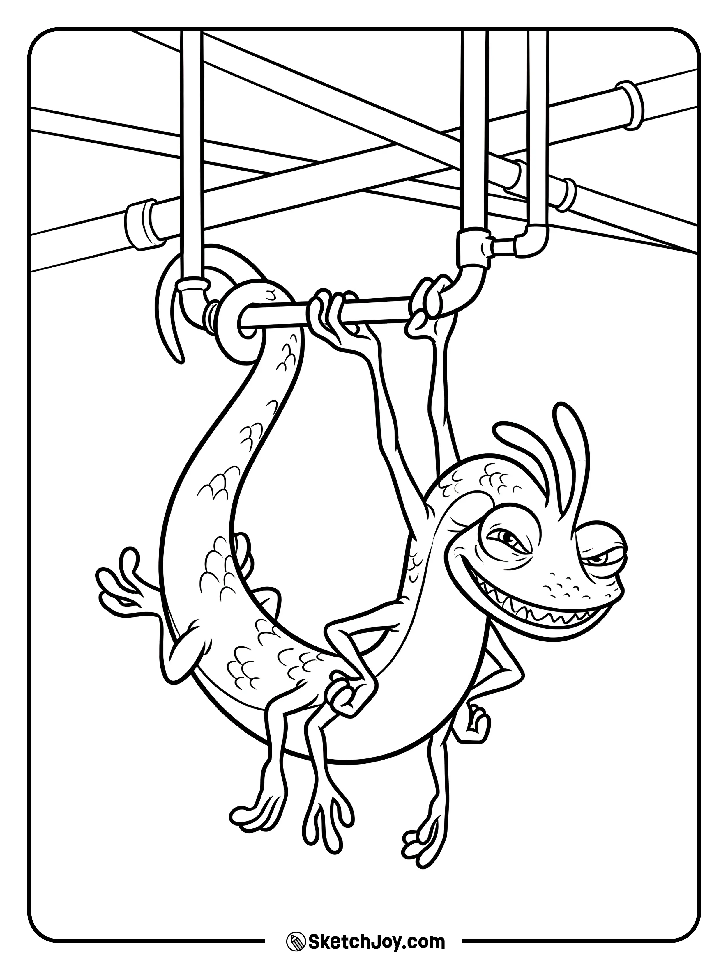 Randall hangs from pipes and watches from above.