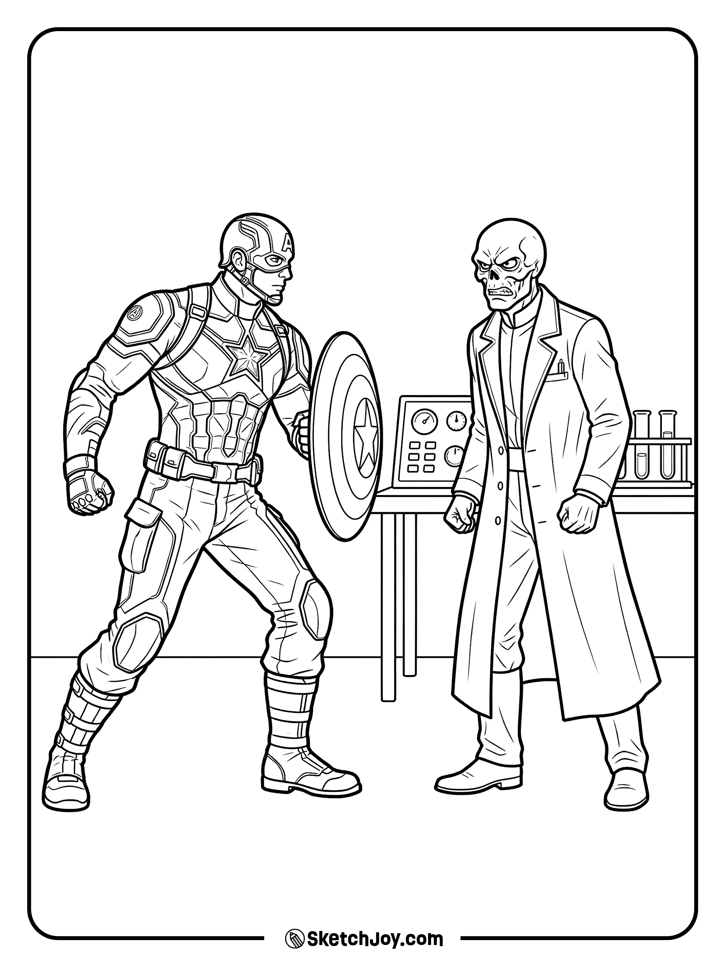 Captain America storms into a lab and stops Red Skull.