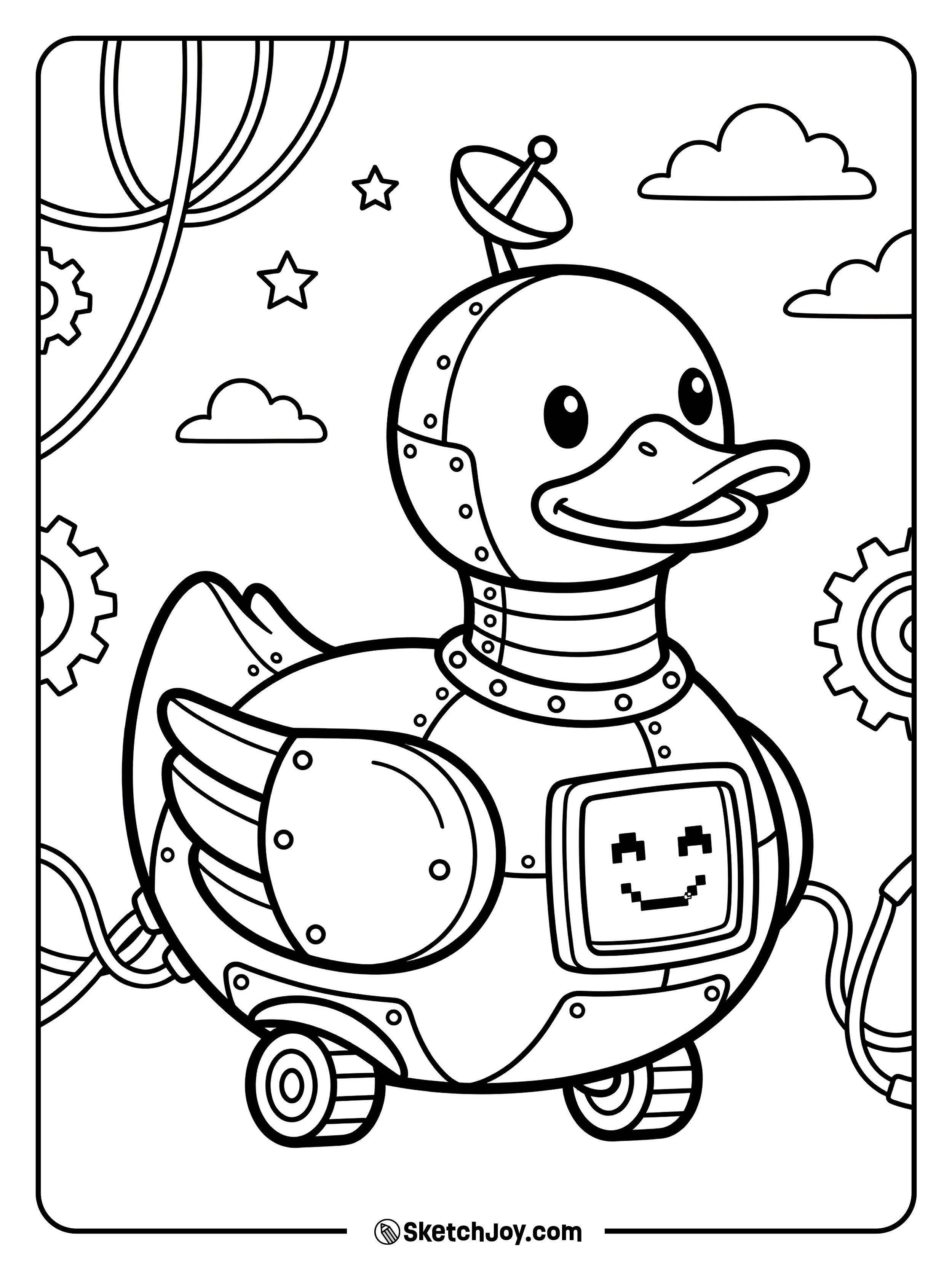 A rubber duck as a cute robot with bolts.